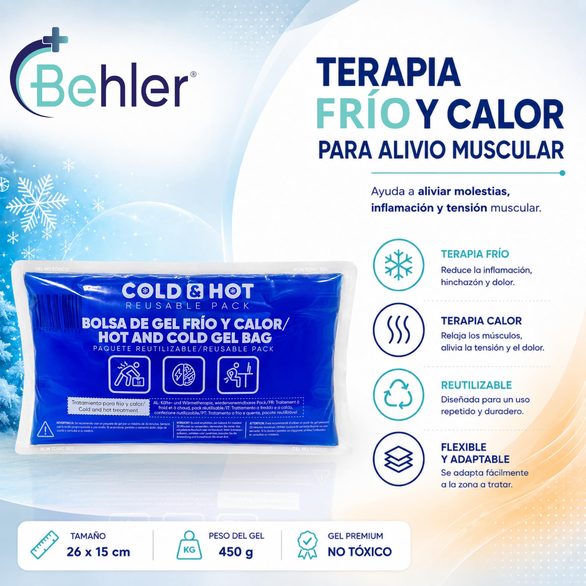 Bolsa de Gel Frío/Calor Reutilizable (26 x 15 cm) - Bolsa Flexible - Multifuncional - Ideal para Terapias, Dolor Muscular, Fiebre y Lesiones Deportivas - Aptas para Nevera y Microondas