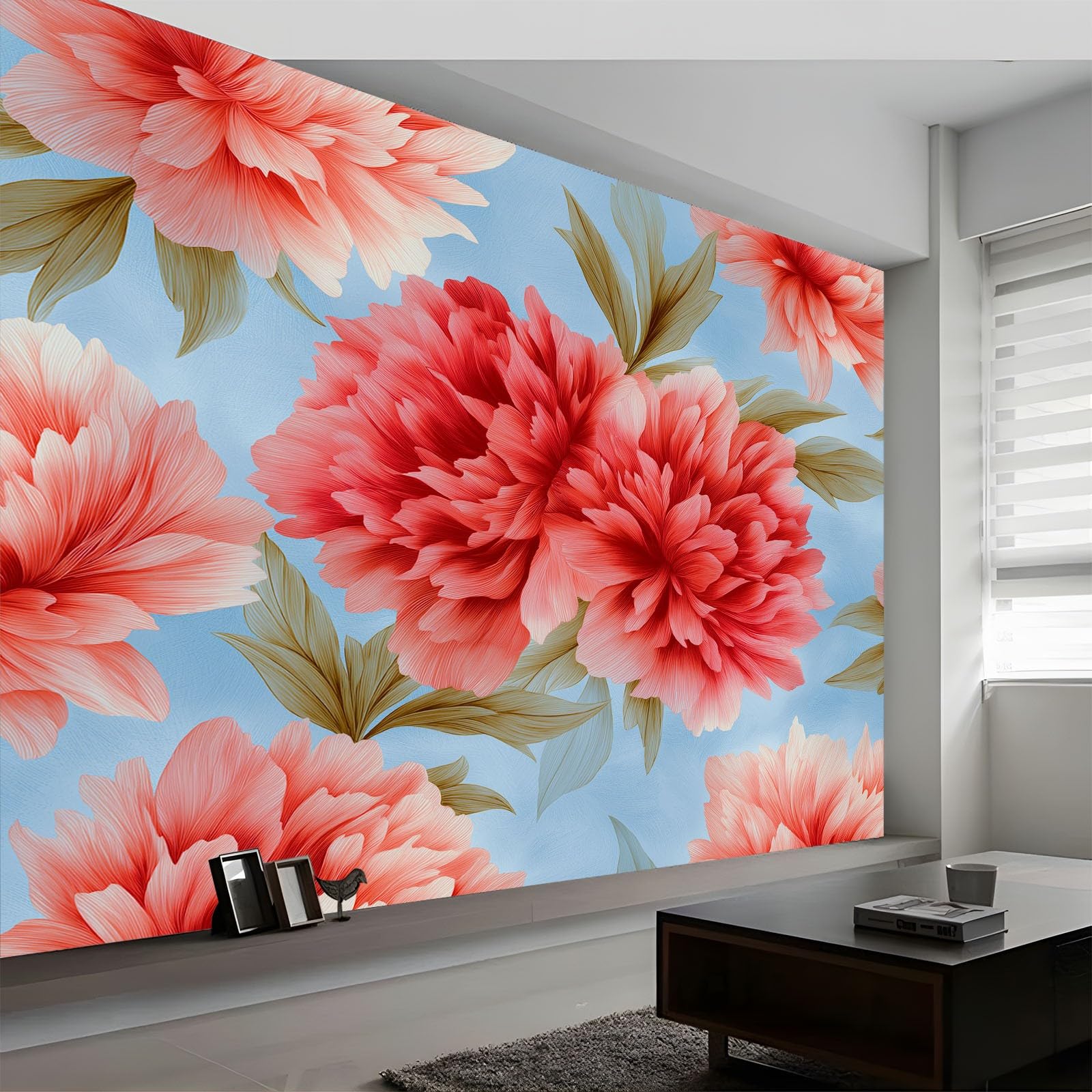 Generico Jasnoniebieska panoramiczna tapeta, elegancka kwiatowa różowa piwonia niestandardowe fototapety 350 x 256 cm (szer. x wys.) - dekoracje do salonu i sypialni