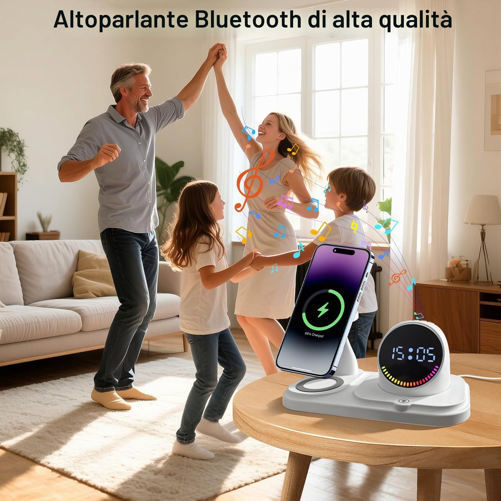 6 in 1 Caricatore Wireless per iPhone con Altoparlante Bluetooth,Stazione di Ricarica Rapida per iPhone 17/16/15/14/13/12/11/Pro/Max/Plus, per Apple Watch ed AirPods