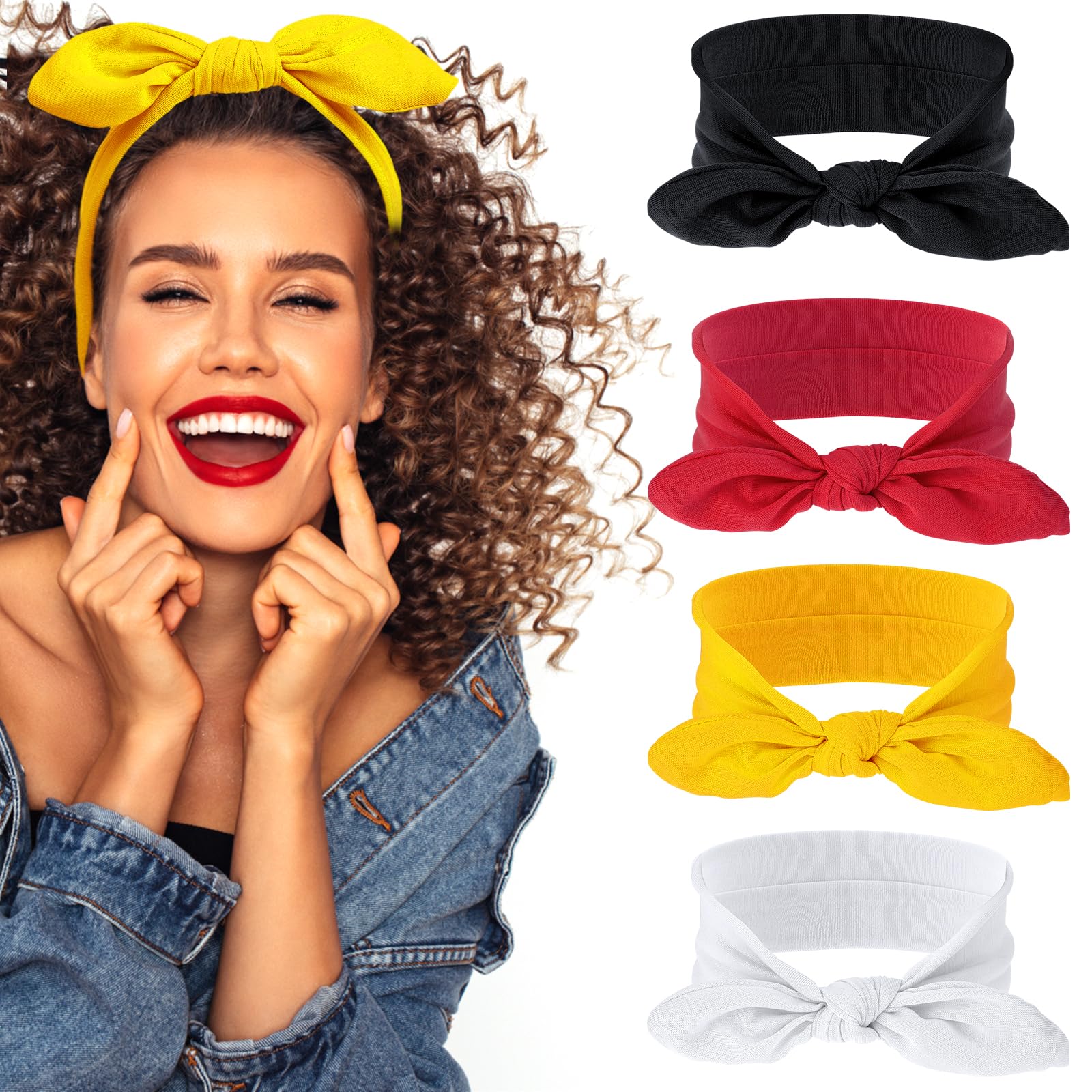 WLLHYF4 Pack Bow Headbands Elastic Knotted Headwraps Rabbit Ears Hair Band Stretchy Facial Cloth Workout Running Turban Fashion Sport Hair Accessories for Women Girls (black+white+red+yellow)