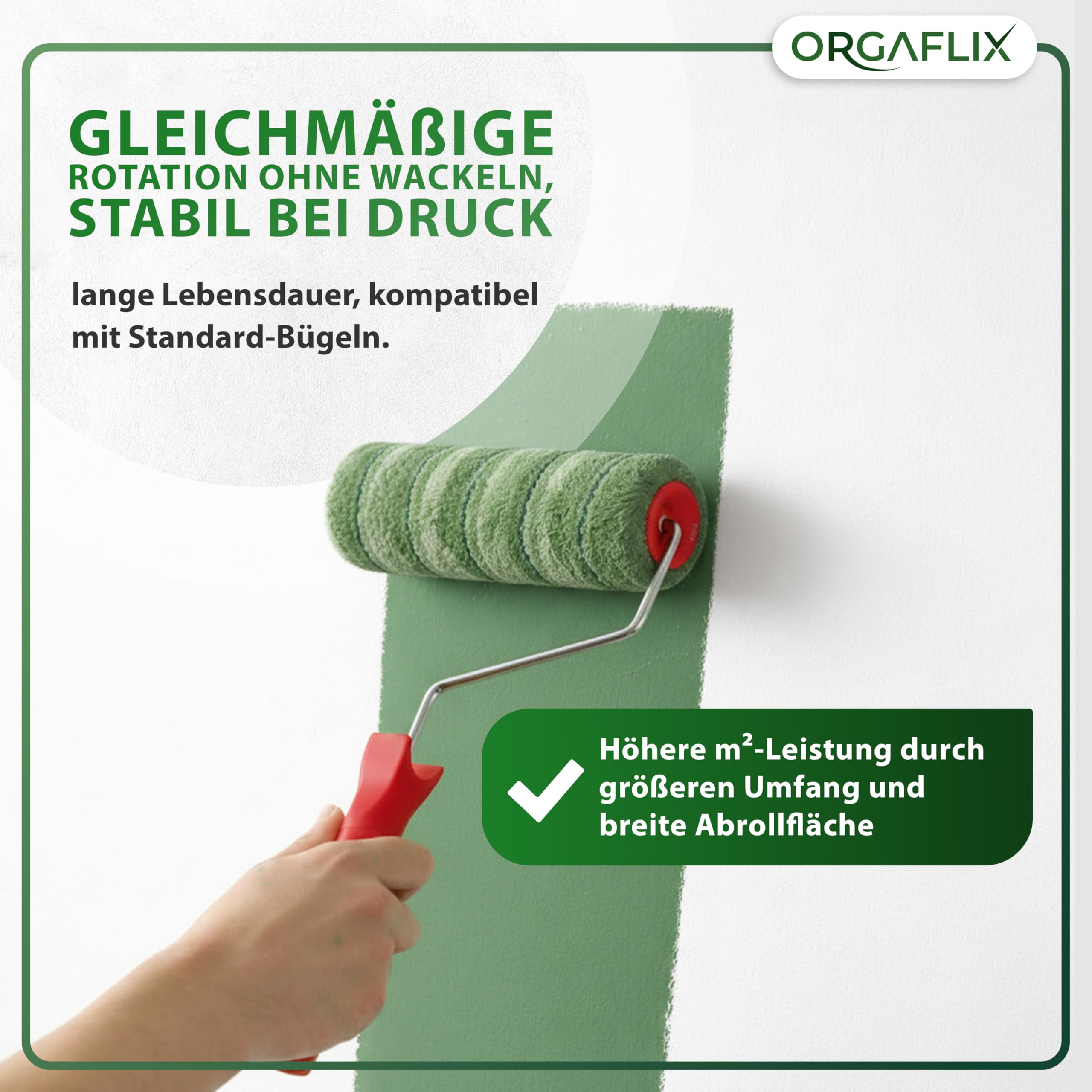 ORGAFLIX Rodillo de pintura profesional de 25 cm, 2 unidades, ideal para absorción y dispensación de color, altura de pelo aprox. 9 mm, núcleo de 48 mm, rodillo de pintura para pared, rodillo grande,
