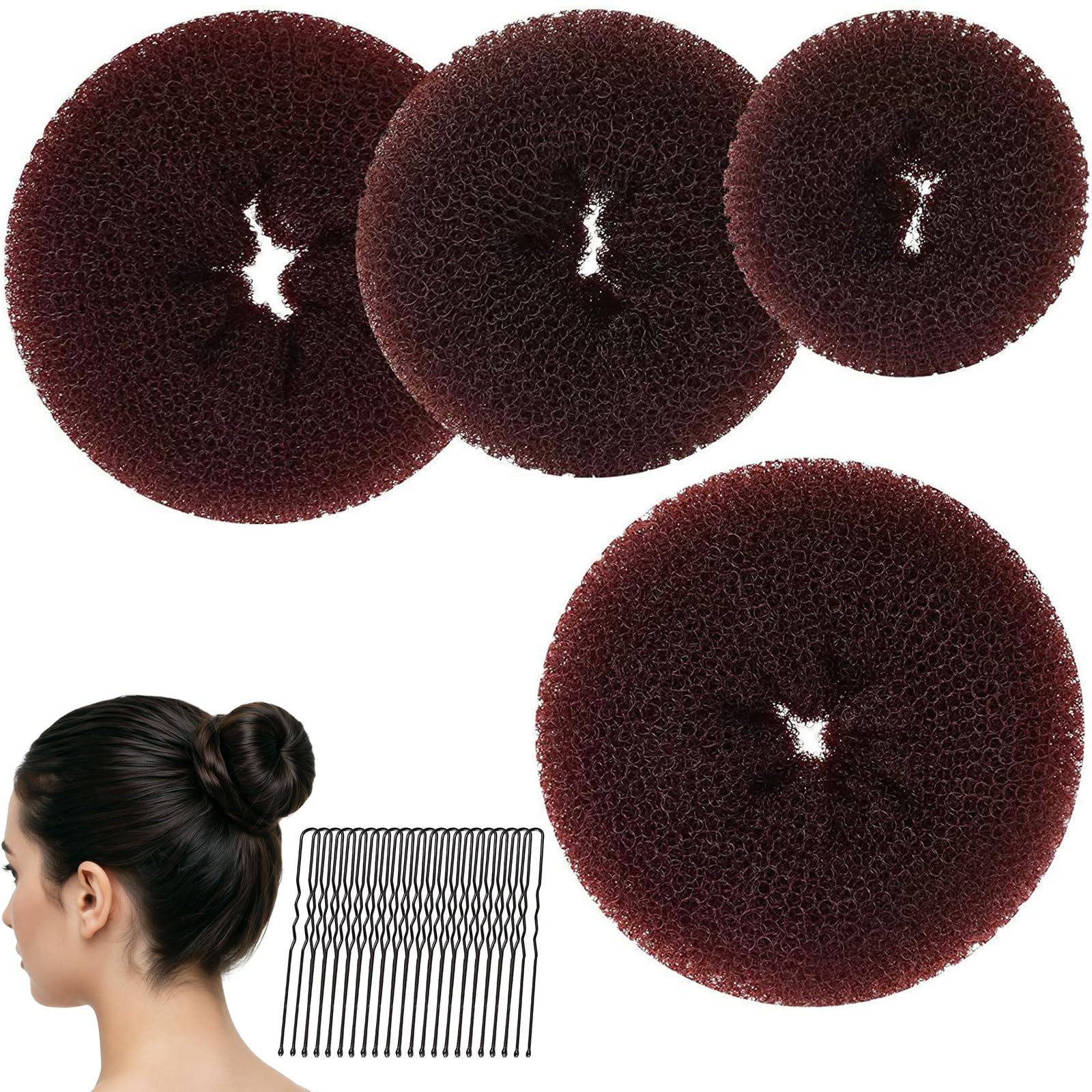 Donut Moño 4 Piezas con 20 Horquillas en Forma de U, Accesorios de Peinado Kit, para Bailarines Niñas y Mujeres (Marrón)