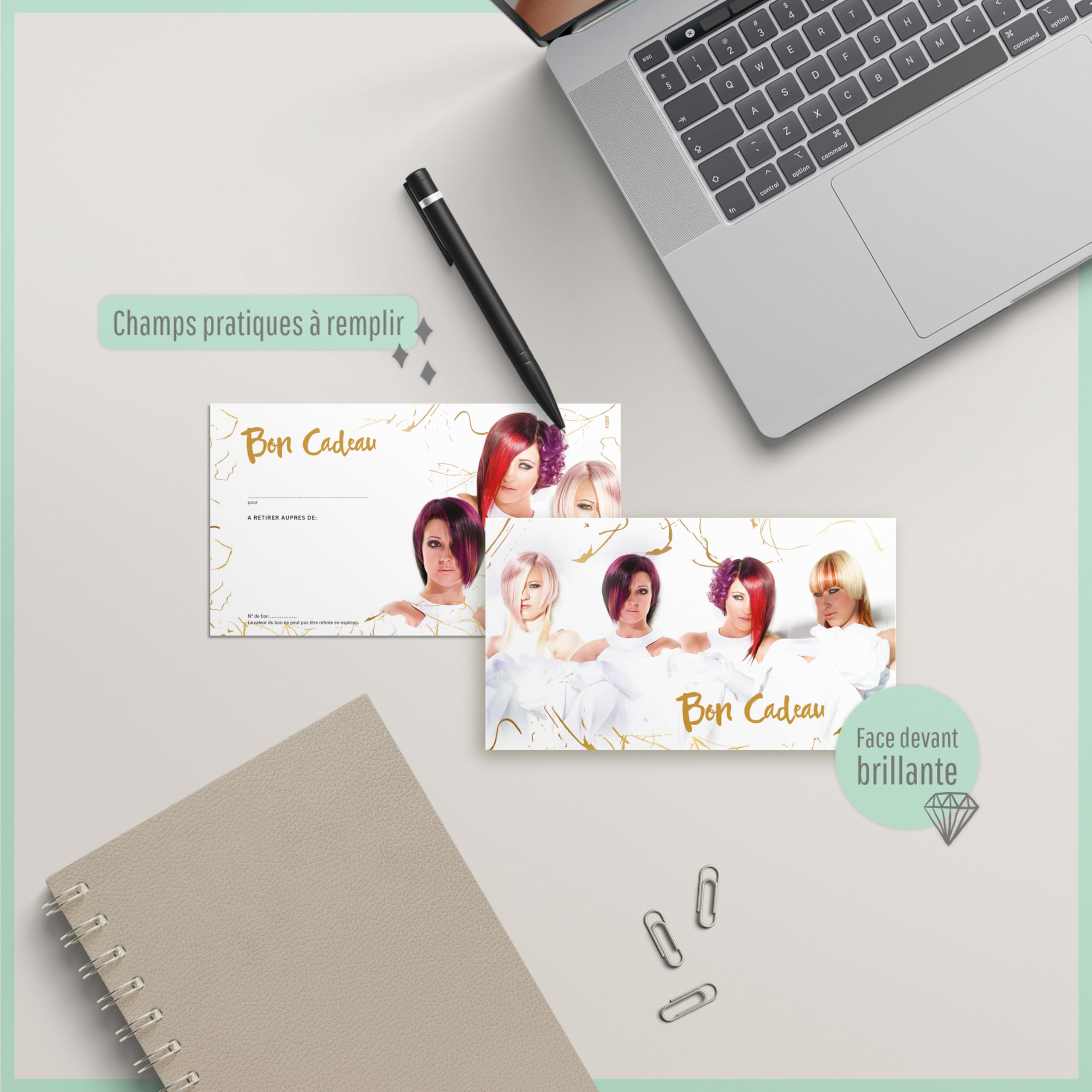 POS BON - 100 bons cadeaux à remplir avec enveloppe/nœud ruban - formulaires imprimés pour des salons de coiffure K1299F-2-100-V1