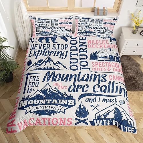 Juego de funda de edredón con temática de aventura y campamento, tamaño Queen, lindo juego de ropa de cama con estampado de oso y montaña, 3 piezas,