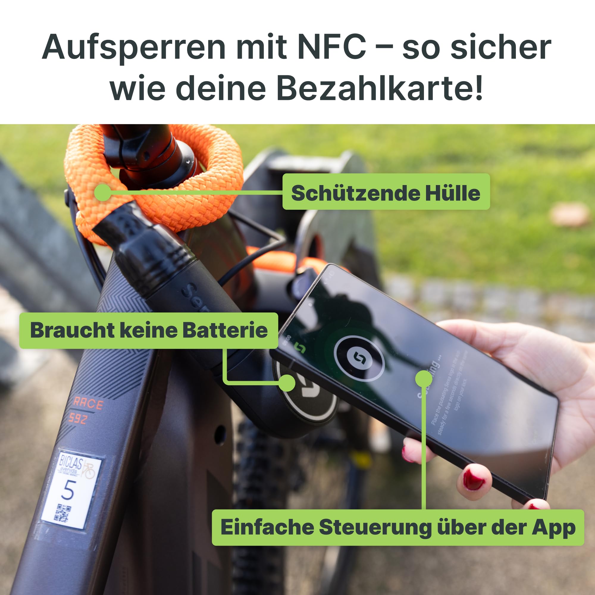 Serea Smart lock SWIFT, serratura per bicicletta, senza chiave, alta sicurezza, affidabile (nero, 125 cm)