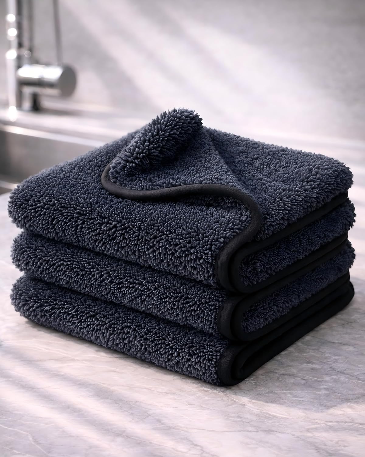 3 Pack Clay Towel Auto Detailing, Shiny Wipes Shower Cleaning Cloths, Dual-Layer 11.8 x 11.8 in Black Towel Mitt for Paint, Glass, Metal & Plastic Microfiber Towel for Bathroom, Car