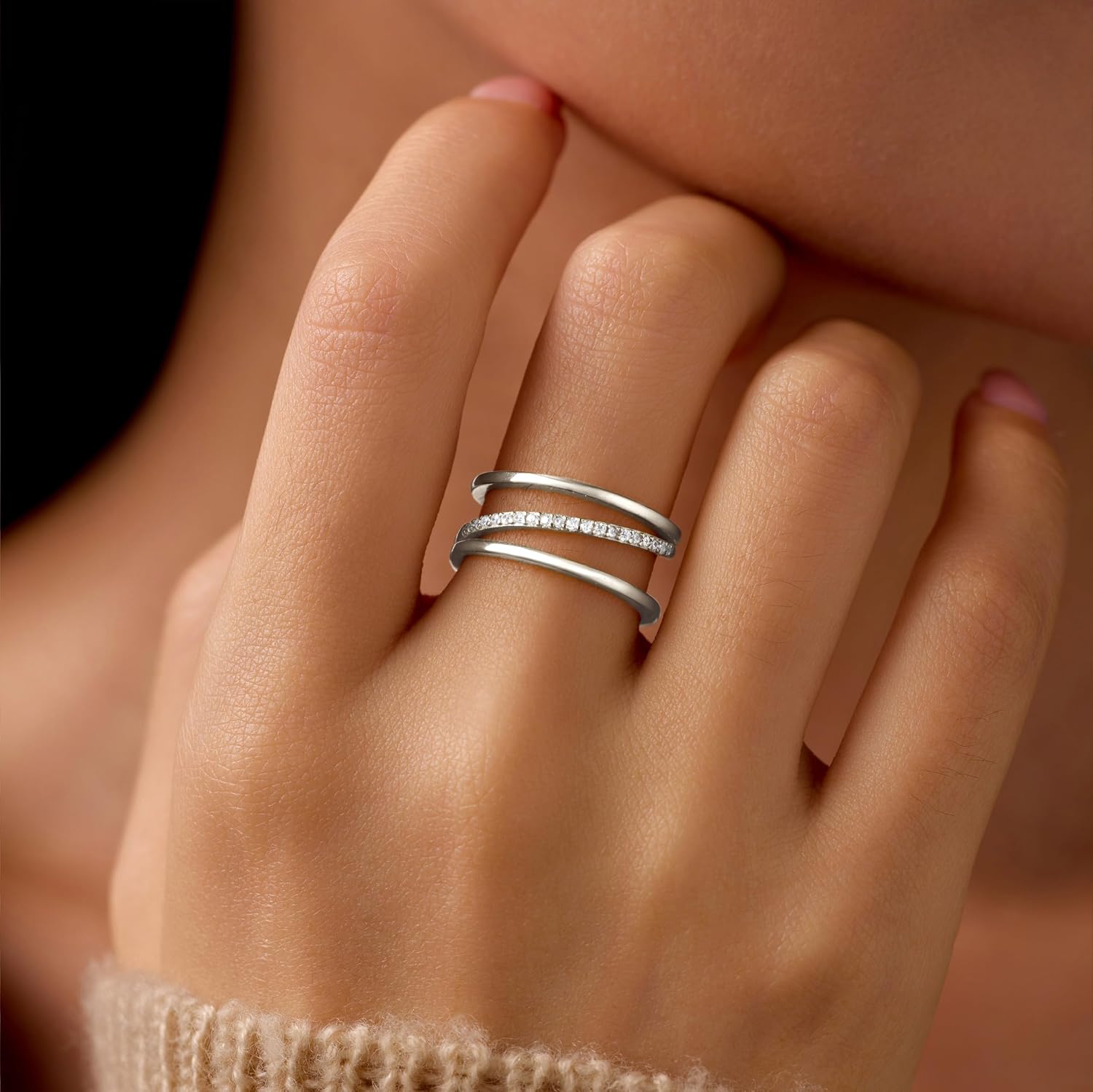Dainty 14K Gold Plated Stackable Rings for Women Non Tarnish 925 Sterling Silver 3 Layered Cubic Zirconia Ring Open Adjustable Rings Trendy Eternity Engagement Band Ring Graduation Wedding Jewelry Gifts