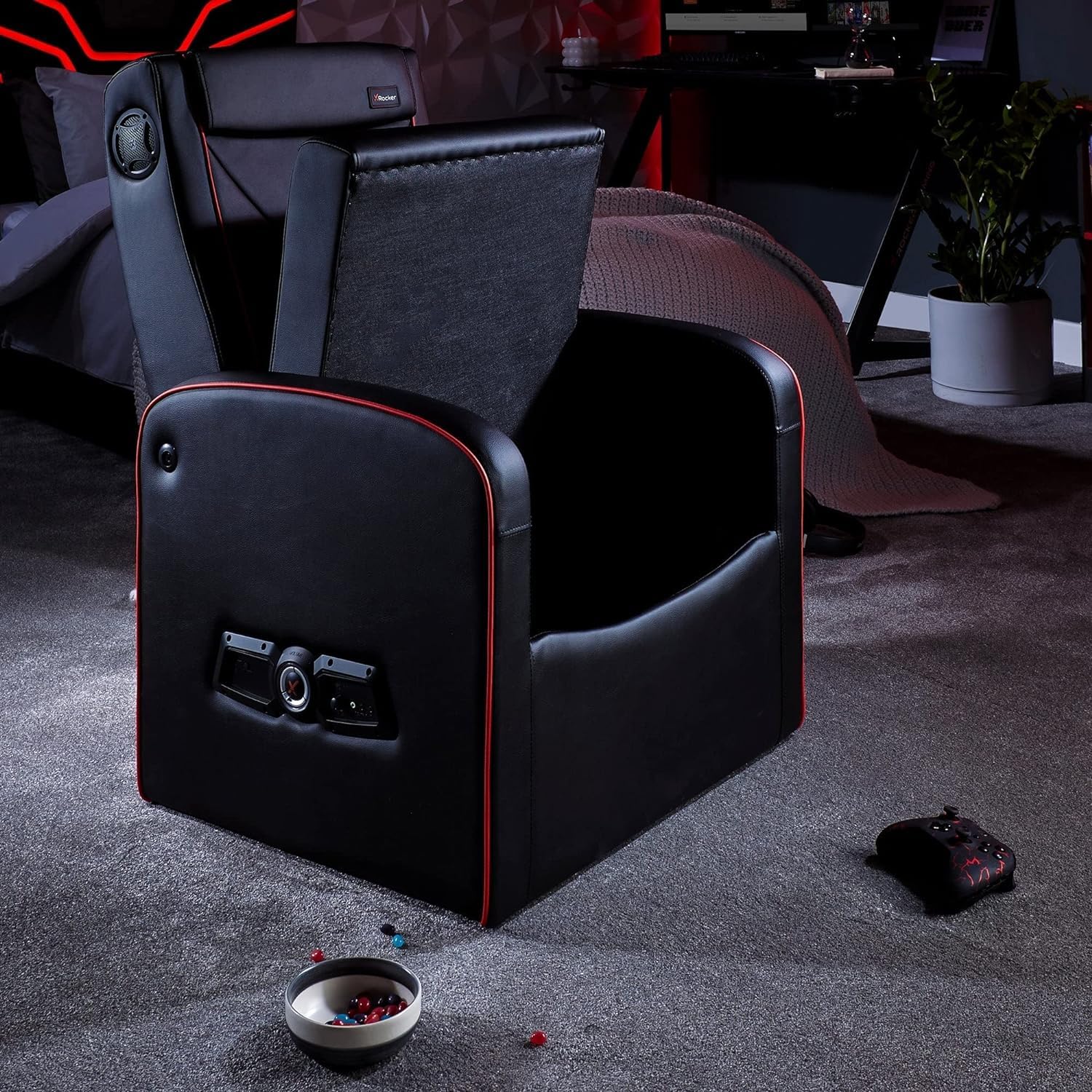 X-Rocker Luxe Ottoman fotel pojedyncze wyściełane siedzisko z głośnikami audio 2.1, sofa ze sztucznej skóry, fotel wypoczynkowy dla dzieci i juniorów, konsola do gier z miejscem do przechowywania PS,