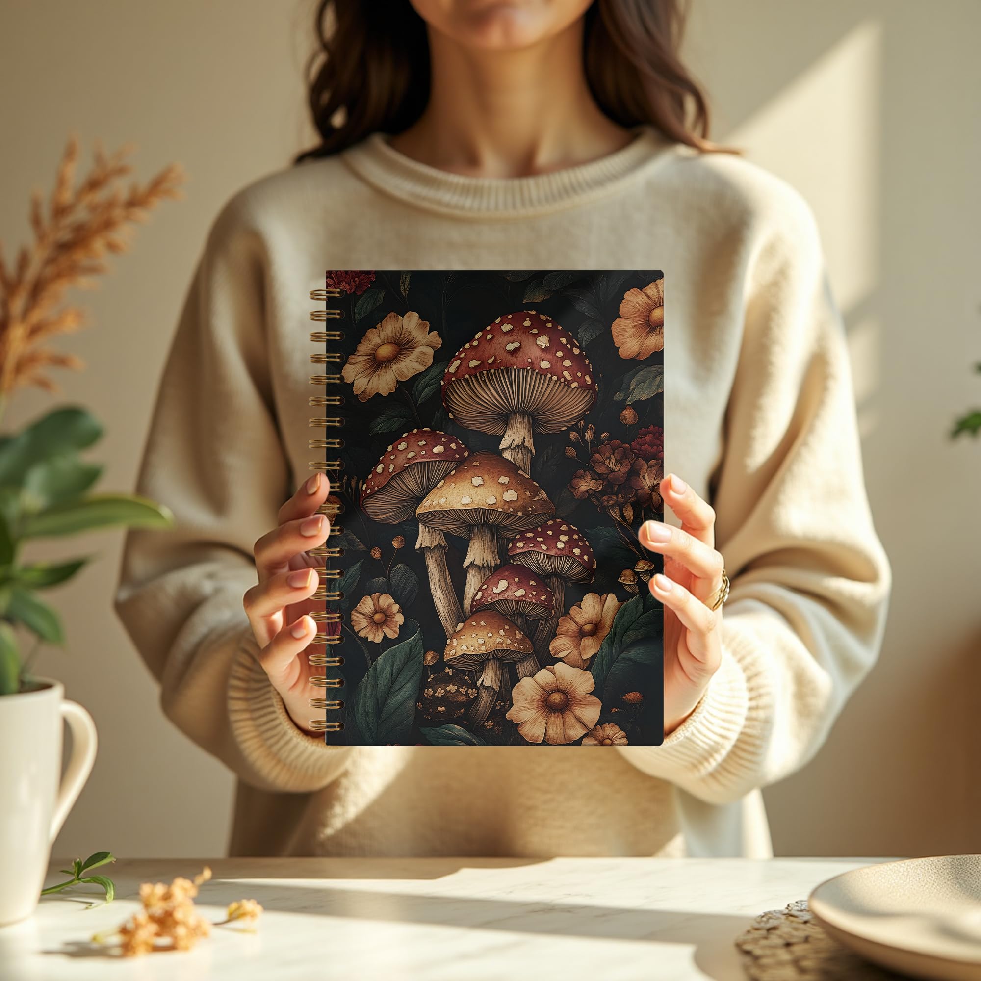Carnet à spirale vintage avec motif floral champignon foncé et fleurs sauvages, cadeau pour les amateurs de champignons, 14 x 21 cm