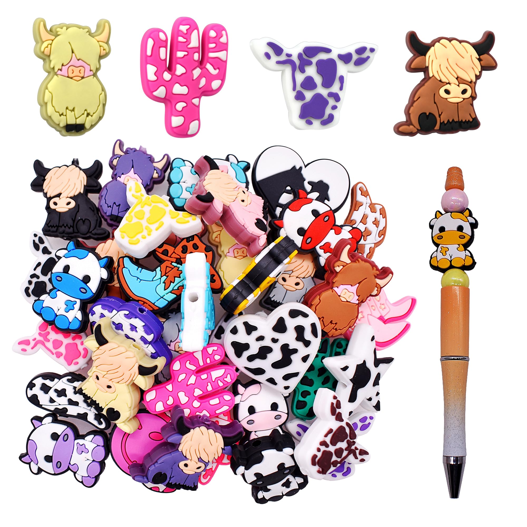 Papacharms Silicone Focal Beads for Pens Cow/Cat/Dog/Panda Beads Bulk Animals Focals Bead for Beaded Pen Keychain Making DIY Necklace Bracelet Jewelry