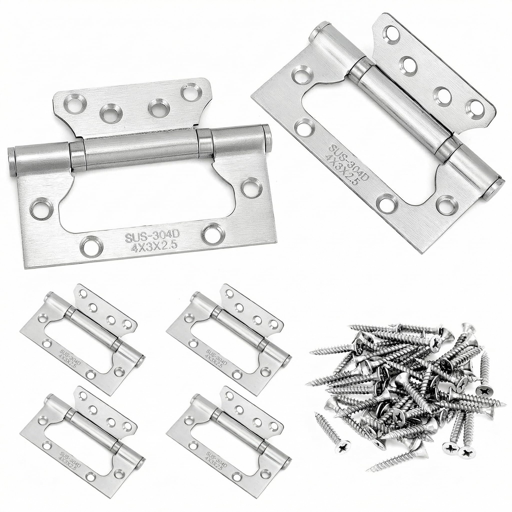 QWORK® 6 PCS 4" Flush Door Hinges, Stainless Steel, Door Hinges with Screws, Ideal for Cabinet, Closet, Furniture