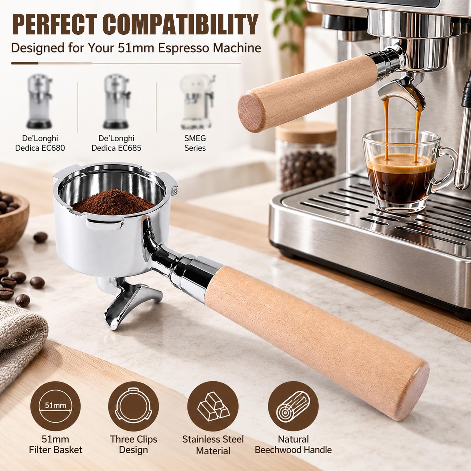 Portafiltro sin fondo de 51 mm, portafiltros para cafeteras DeLonghi Dedica EC680, EC685 y Smeg, acero inoxidable, doble caño, diseño de 3 orejas, filtro portafiltro de café espresso