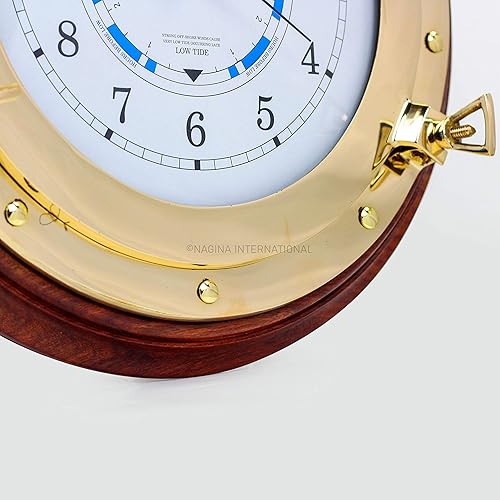 Miniatura 4 de Nagina International Nautical Time Tide - Reloj de marea en base de madera de alta calidad, decoración para colgar en la pared de latón pulido (16