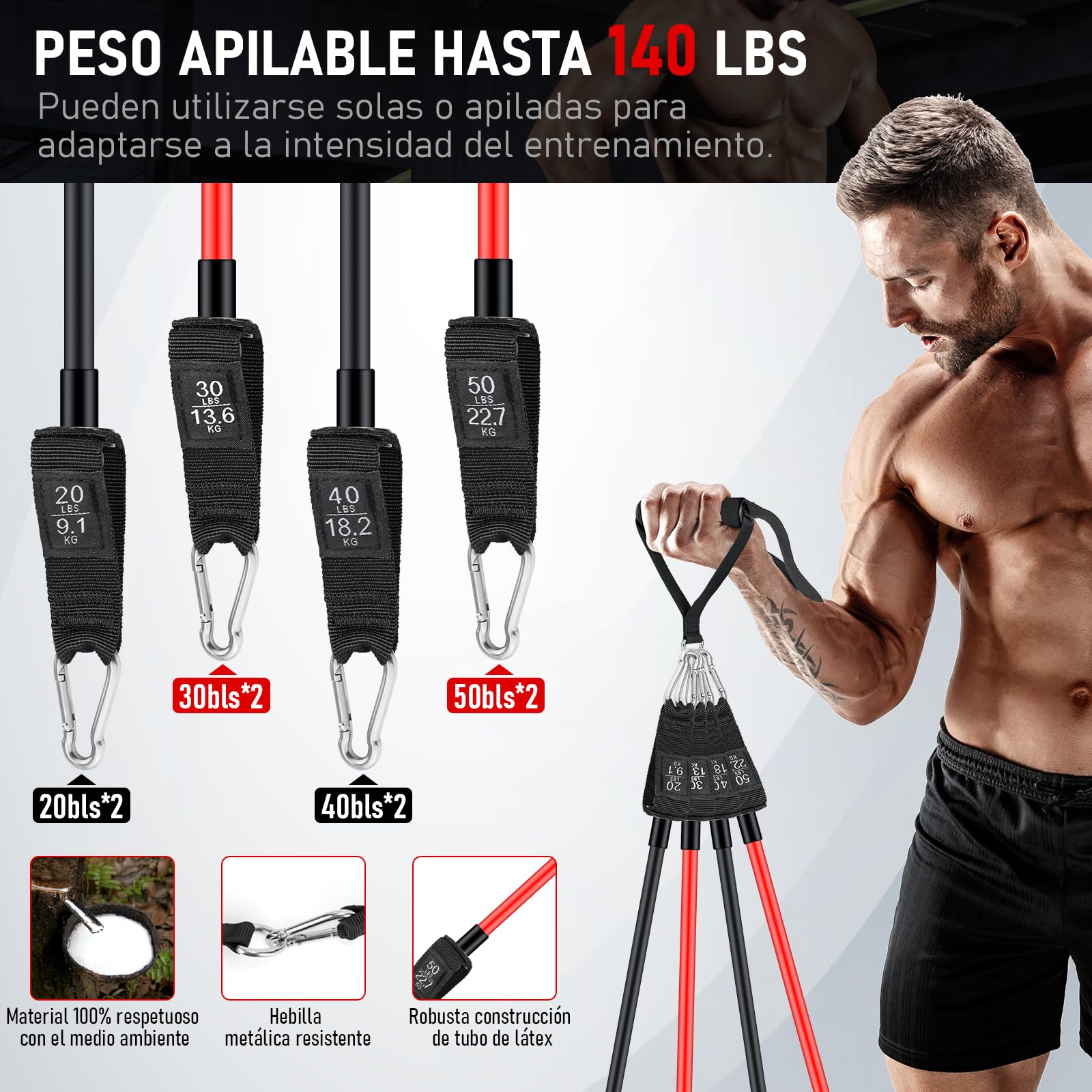 8 Gomas Elasticas Musculación (20/30/40/50lbs) con Barra de Pilates, Ruedas Abdominales, Anclaje para Puerta, Correas para Tobillos, Mango, Kit Pilates para Fitness en Casa, Gym