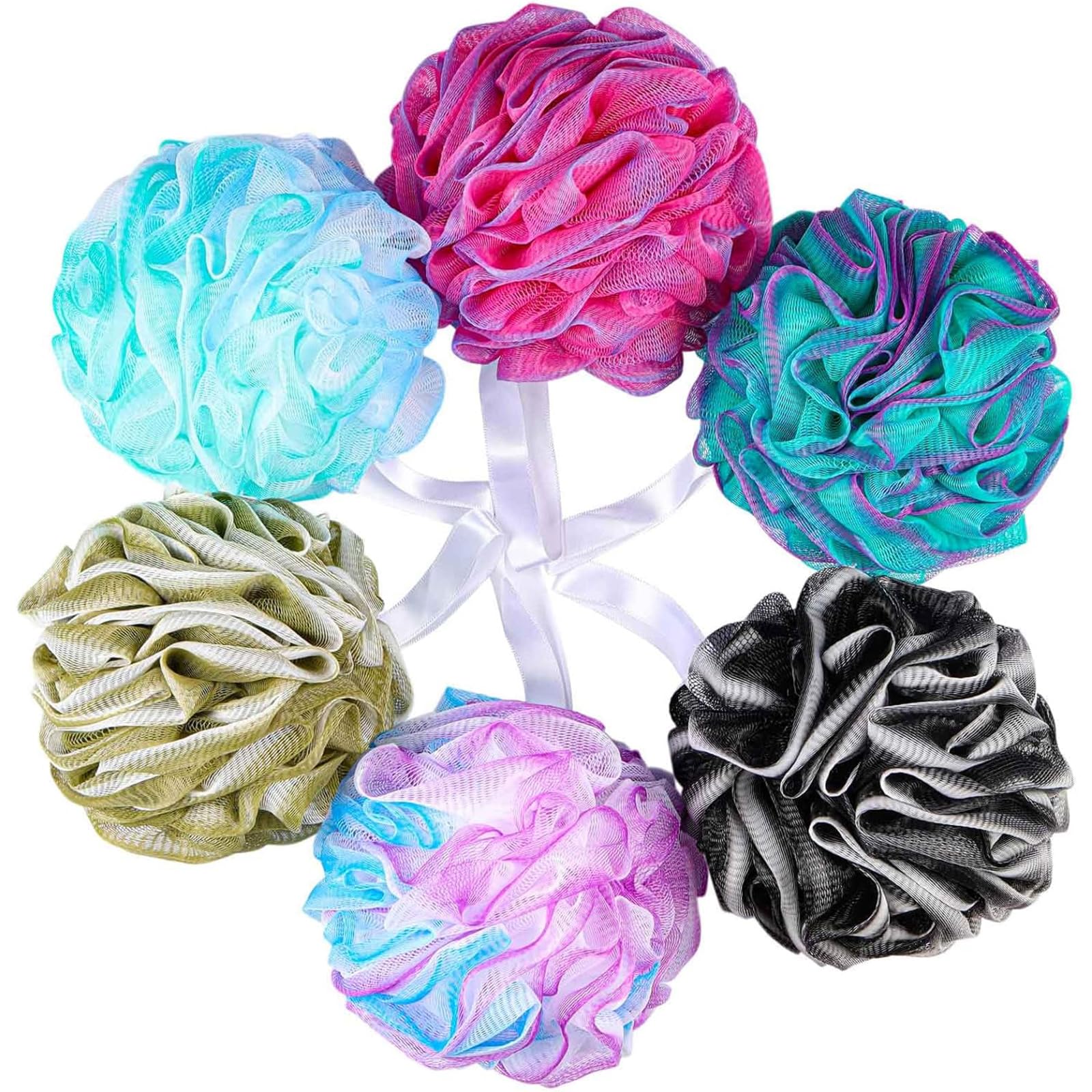 6 Pack 75g/Pc Large Loofahs Shower Sponge, Mesh Pouf Bath Sponges Exfoliating Body Scrubber Shower Scrunchies (A Color)