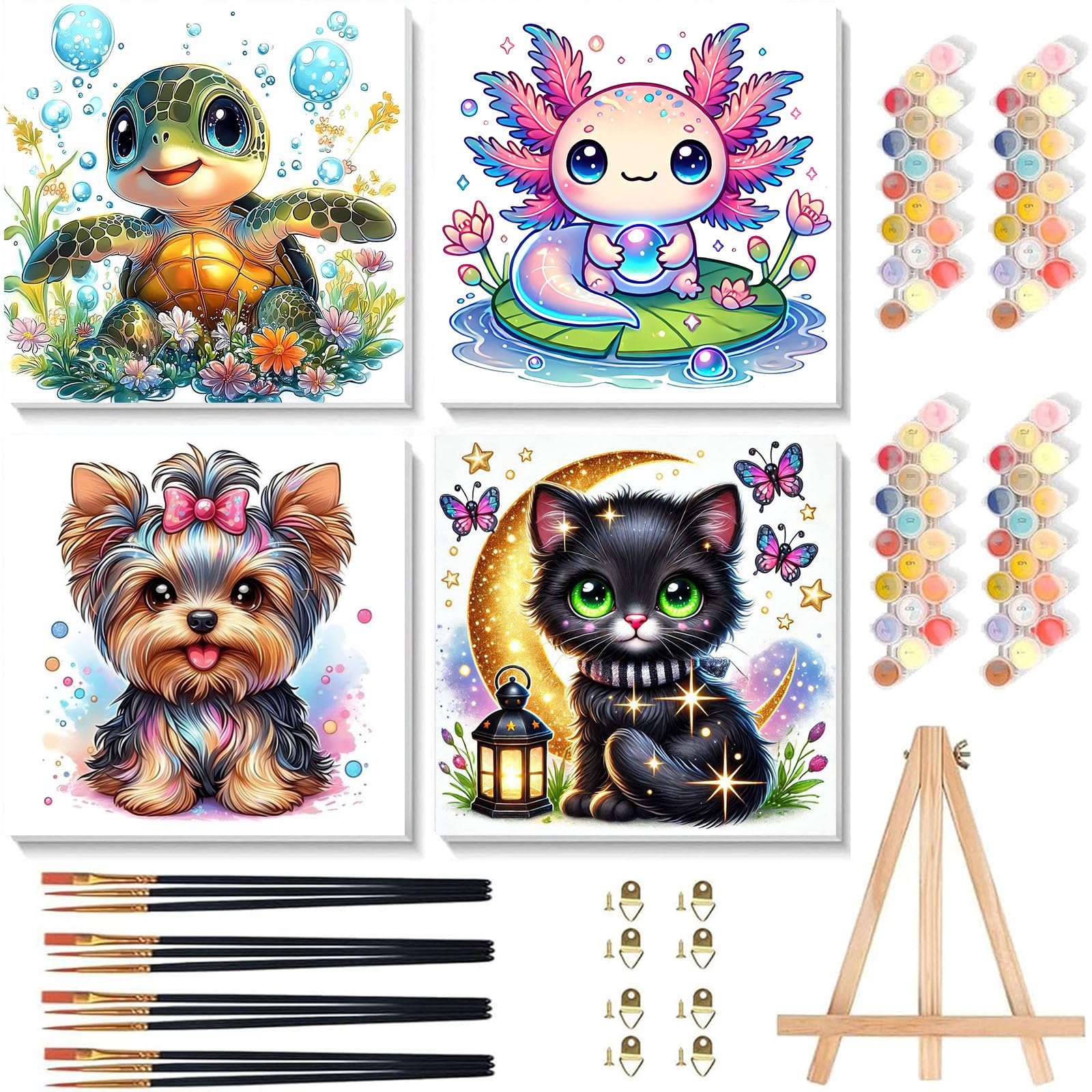 4 Pack Paint by Numbers for Children with Frame and Wooden Easel 8x8 Inch — image 1