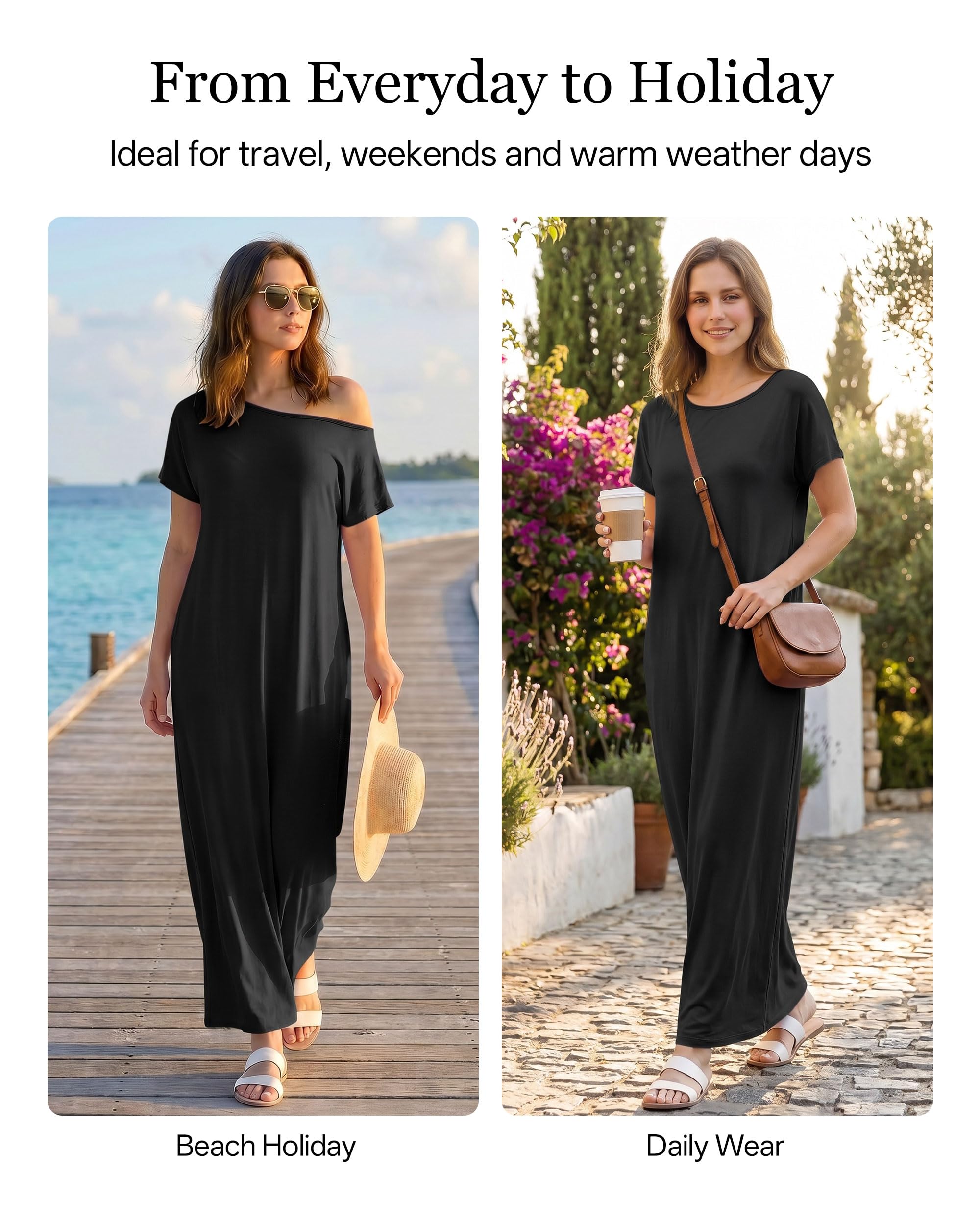 Maxi abito casual da donna con tasche, vestibilità ampia, estivo, a maniche corte, in viscosa, per spiaggia e vacanze, S-3XL