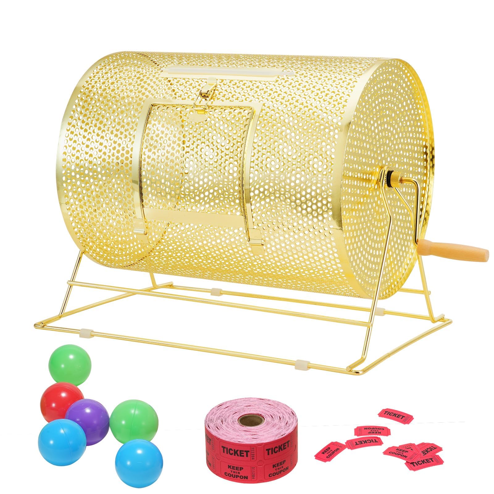 MIDUOLAI Brass Plated Raffle Spinning Drum, Spinning Rafflebox, Lottery Spinning Drawing with Wooden Turning Handle for Bingo Balls Chips Tickets,Gold,Small