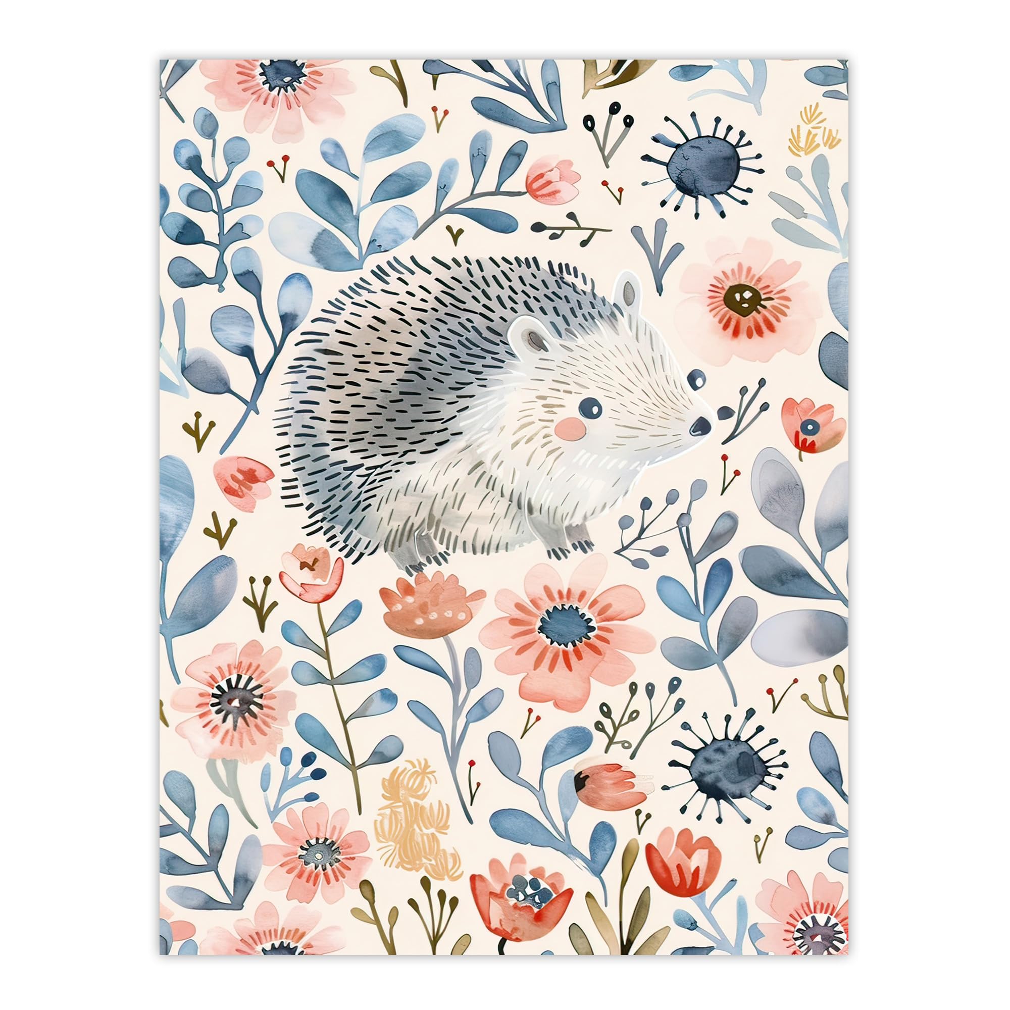 Artery8 Cute Hedgehog with Blue Pink Flowers Watercolour Kids Bedroom Nursery Extra Large XL Wall Art Poster Print