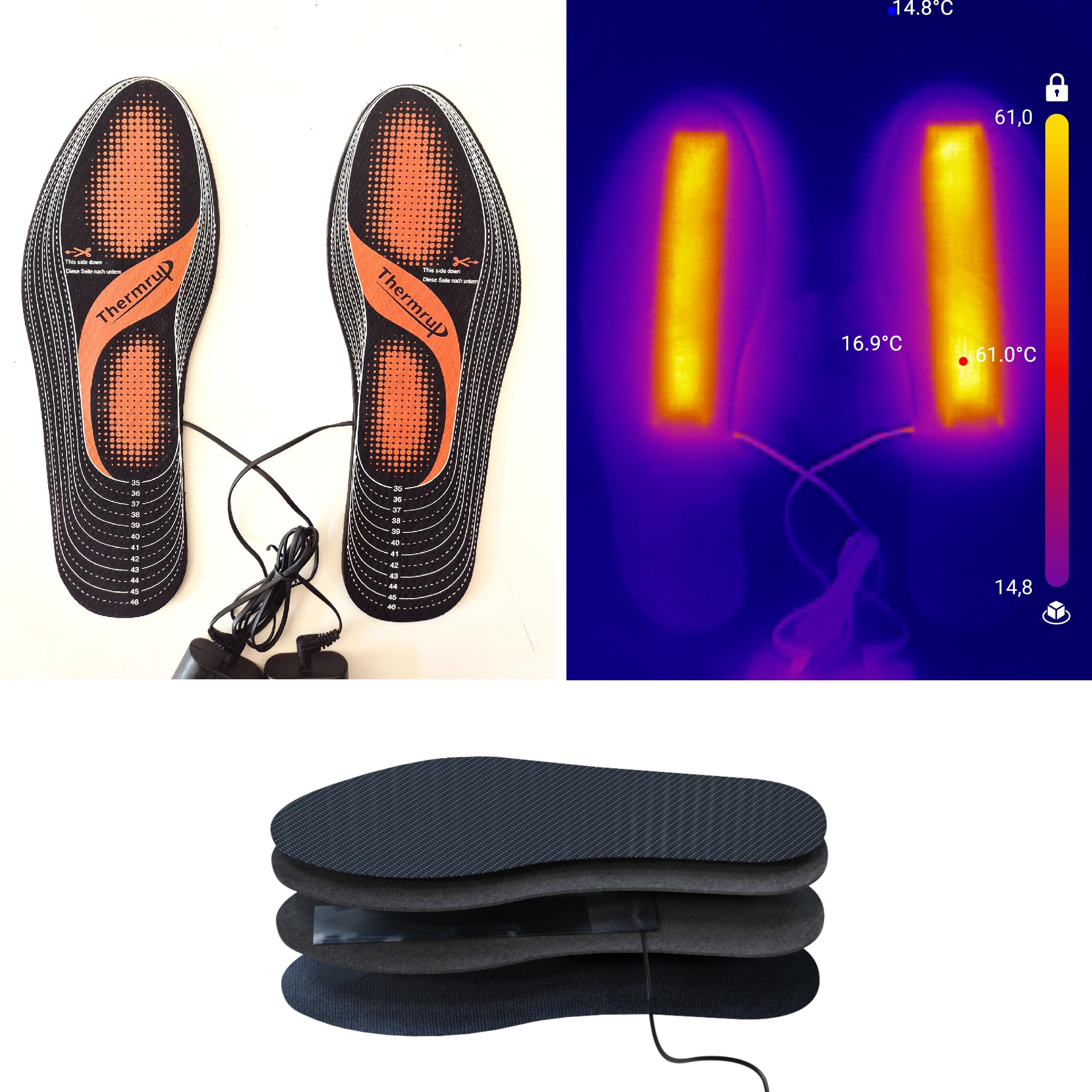 Semelles Thermique Chauffantes Batterie d'Exploitation Chaud 4 Niveaux Taille 36-47 Lavable