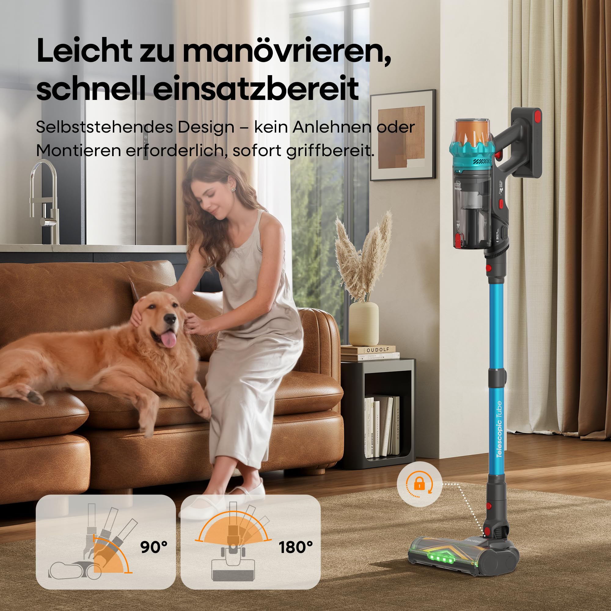ElecKeys Akku Staubsauger 50000Pa/600W/70Min, Staubsauger Kabellos mit LED Display, 1,8L Akkustaubsauger mit Anti-Tangle-Bürste, Selbststehend für Tierhaare Teppiche Hartböden Auto, Blau, K10