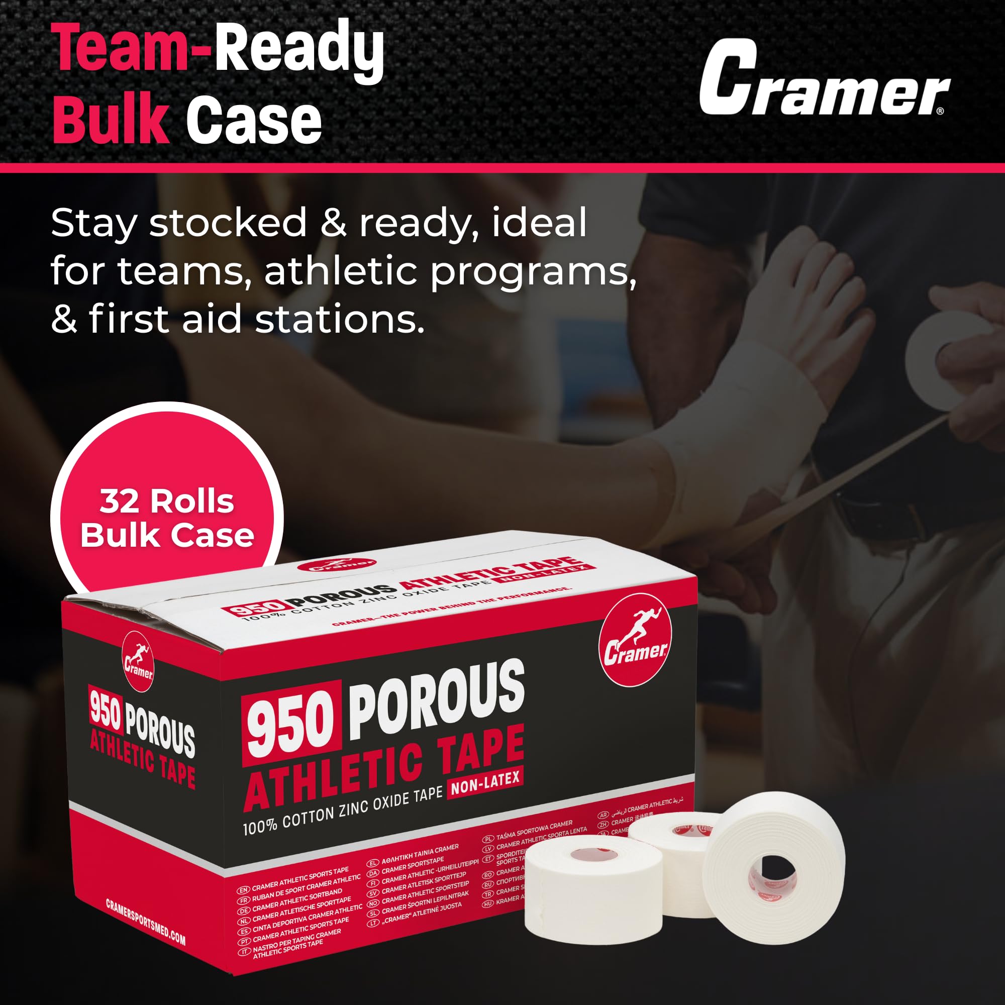 Cramer 950 Premium White Athletic Tape for Ankle, Wrist, and Injury Taping, Helps Protect and Prevent Injuries, Promotes Faster Healing, Athletic Training Supplies, Bulk Case of AT Tape, White