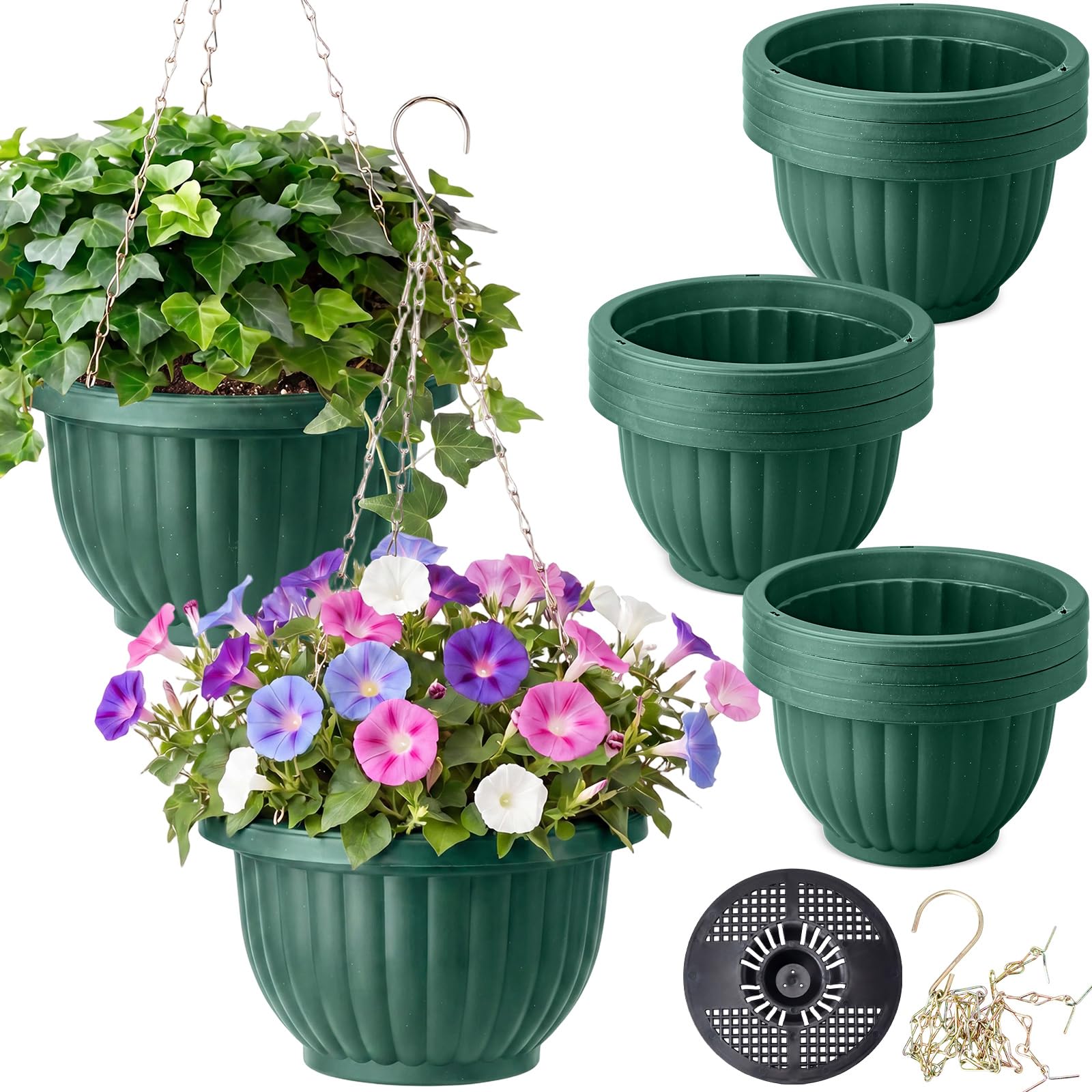 Set di 12 fioriere sospese, per interni ed esterni, in terracotta, autoirriganti, vasi da fiori in plastica con foro di drenaggio, vassoio assorbente (verde, 24 x 14 x 12 cm)