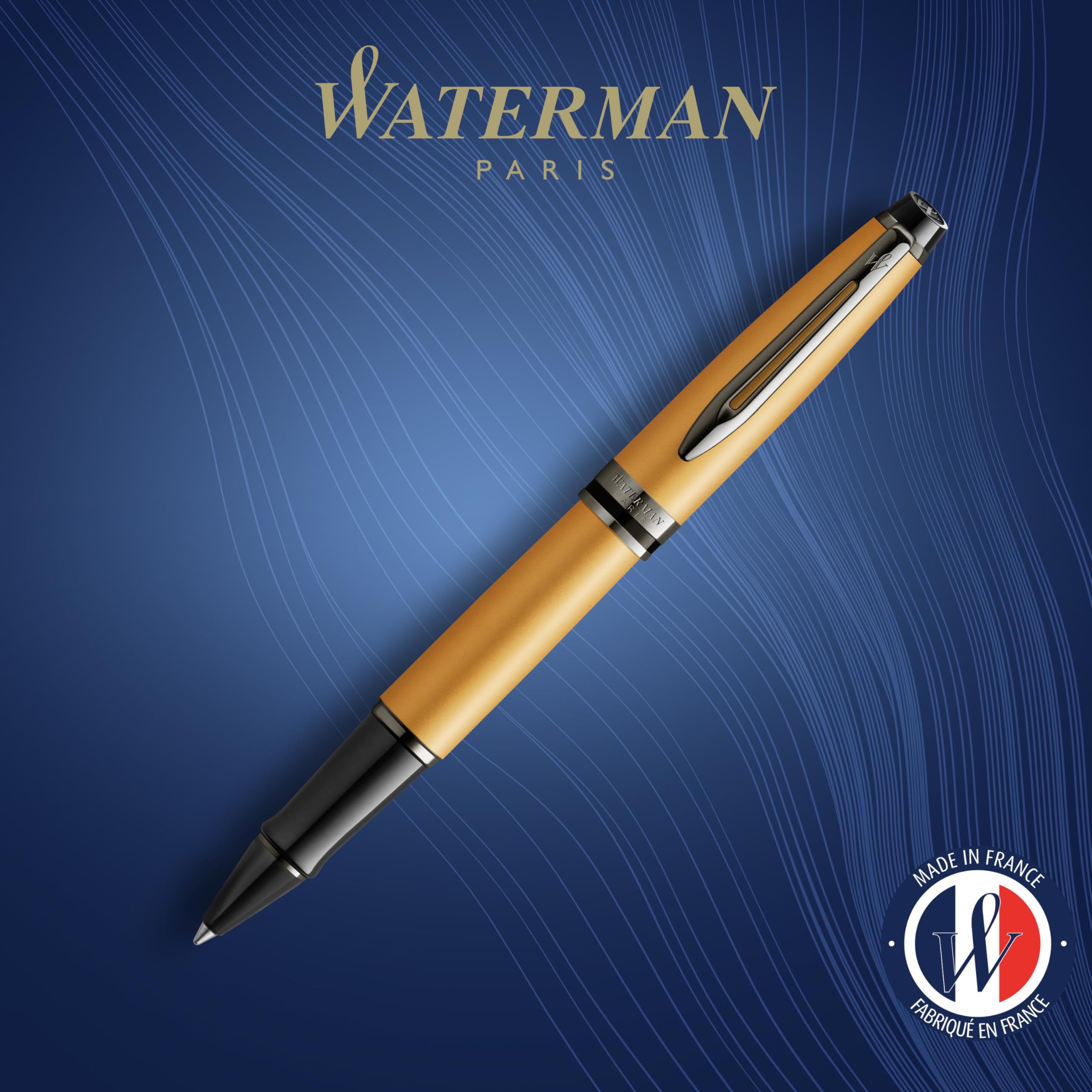 Waterman 2119259 Expert Rollerball | Goldfarbene Metallic-Lackierung mit Ruthenium-Zierteilen | Feine Spitze | Schwarze Tinte | In Geschenkbox