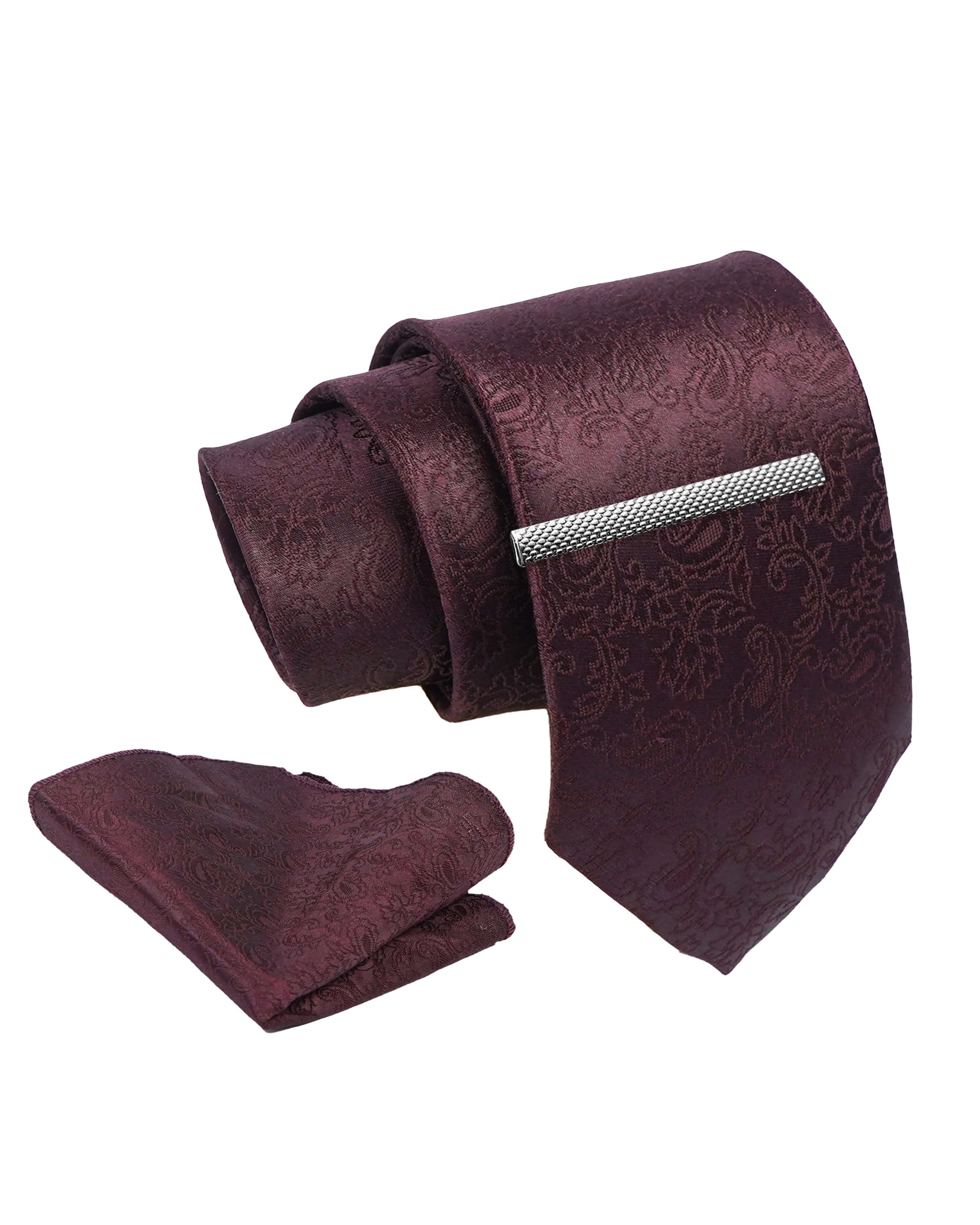 Tie for Men – Self Silk Neck Ties Set with Cufflinks Flower Pin, Pocket Square & Black Gift Box, Combo Necktie Sets for Office Wear, Formal Suits & Weddings (Deep Wine, NXSMX_10)