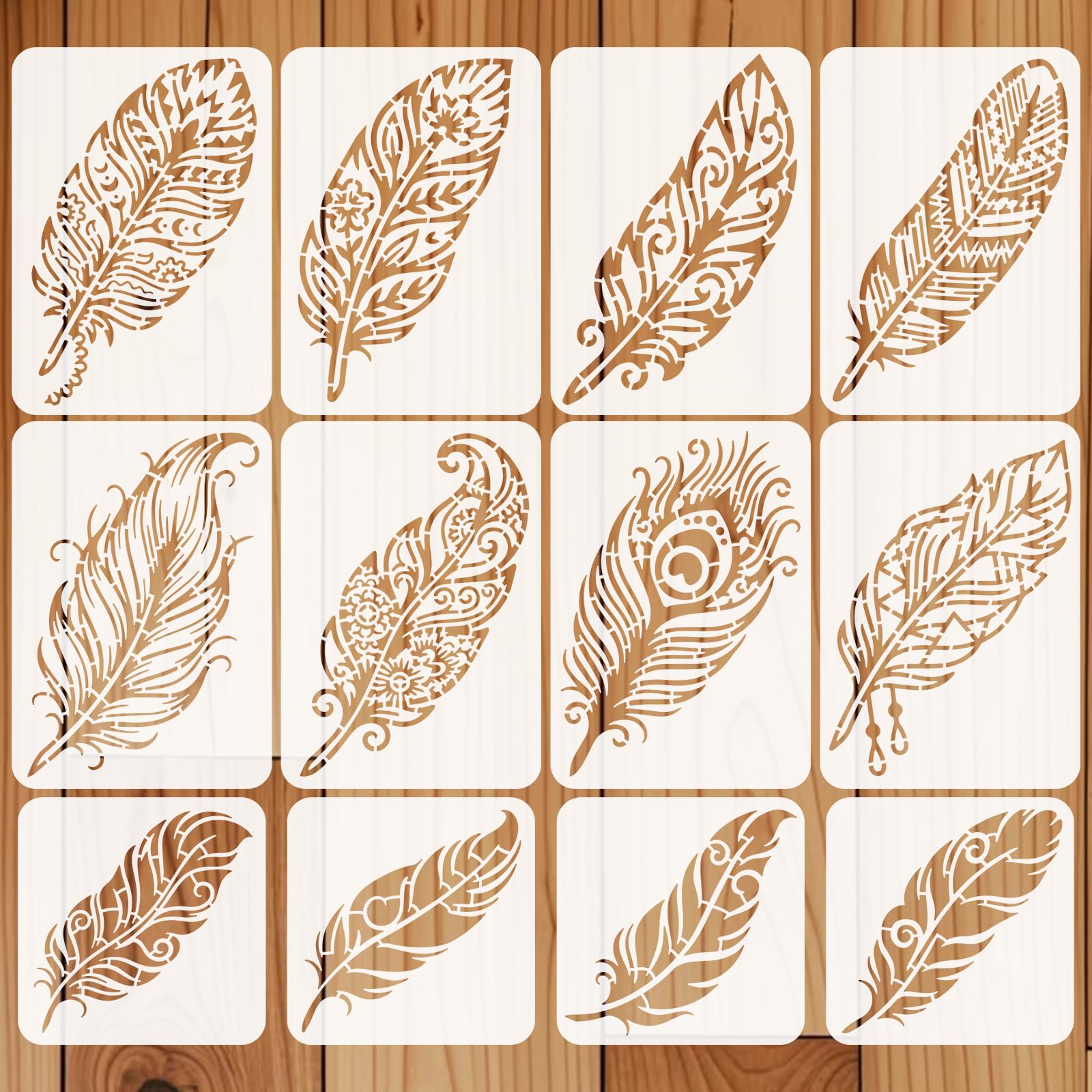 beinkmake 12Pcs Feather Stencil for Painting Reusable PET Painting Stencils Set Mandala Drawing Templates for Wood Furniture Canvas Paper Fabric