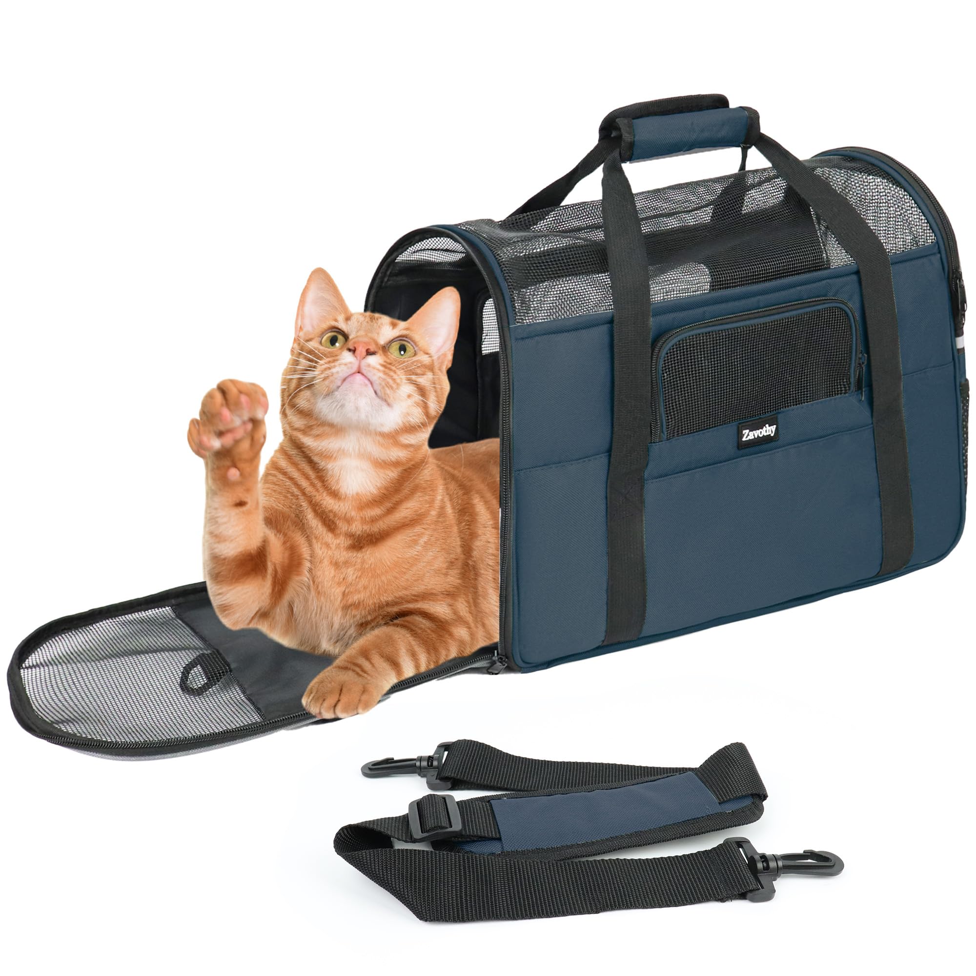 Zavothy Borsa per il trasporto per gatti e cani, borsa per il trasporto, traspirante e pieghevole, trasportino per gatti con tracolla regolabile, materasso in peluche rimovibile (blu scuro, M)