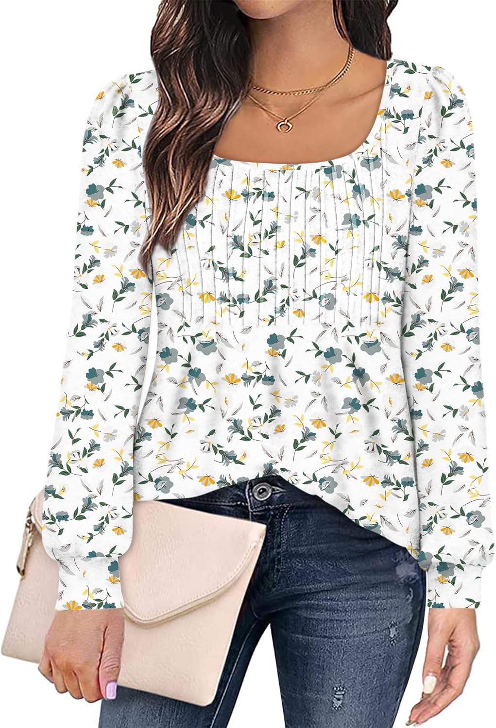 Zwurew Women's Puff Long Sleeve Shirts 2024 Trendy Scoop Neck Loose Fit Blouses Pleated Flowy Tunic Tops S-2XL - Image 2