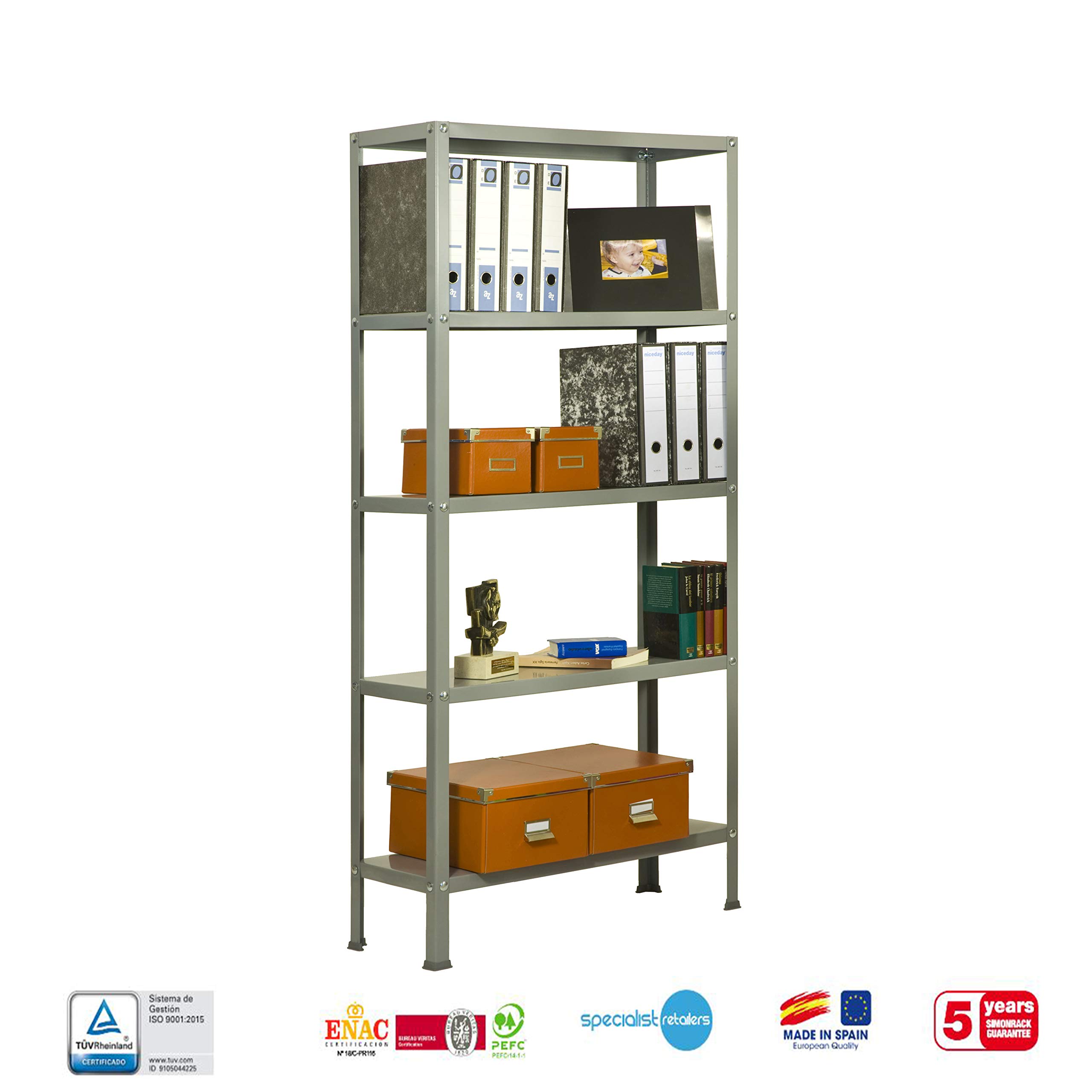 Simon Rack Librería Estanteria Salon, 1800x800x300 mm, 5 Alturas, Estilo Industrial, Metálica, Gris - Simon Home
