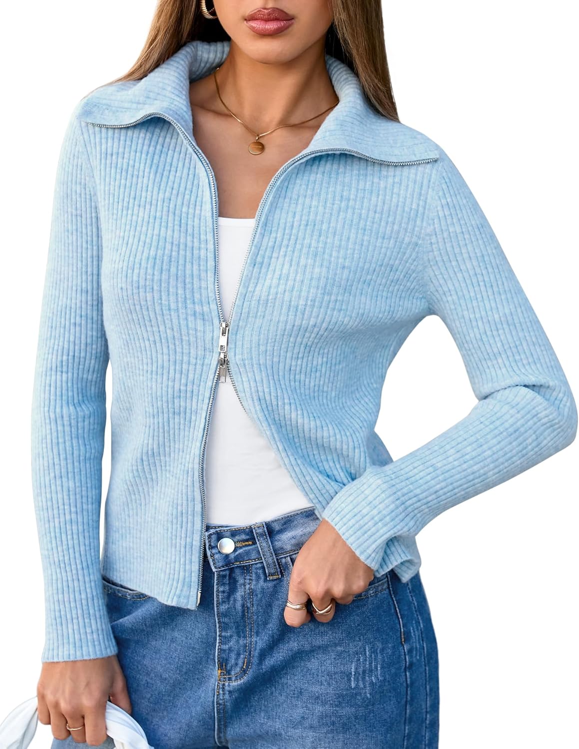 Arach&Cloz Women's Wool Blend Fashion Zip Up Cardigan Sweater Outfit