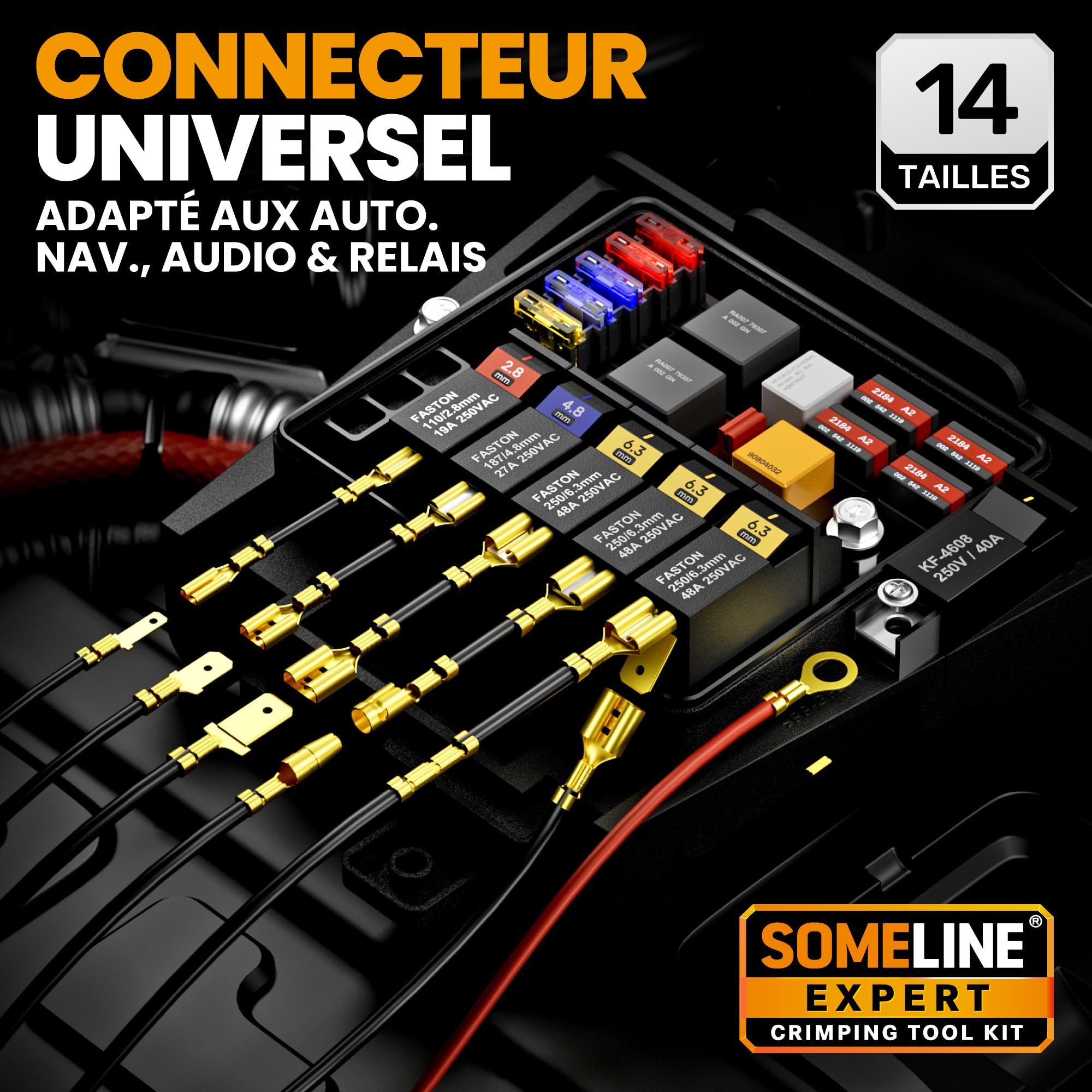 SOMELINE® Pince à Sertir pour Connecteur Bêche avec 12 Sortes Connecteurs Mâles Femelles Pour câble 0,25-2,5 mm², Pince à Sertir les Cosses de Fils