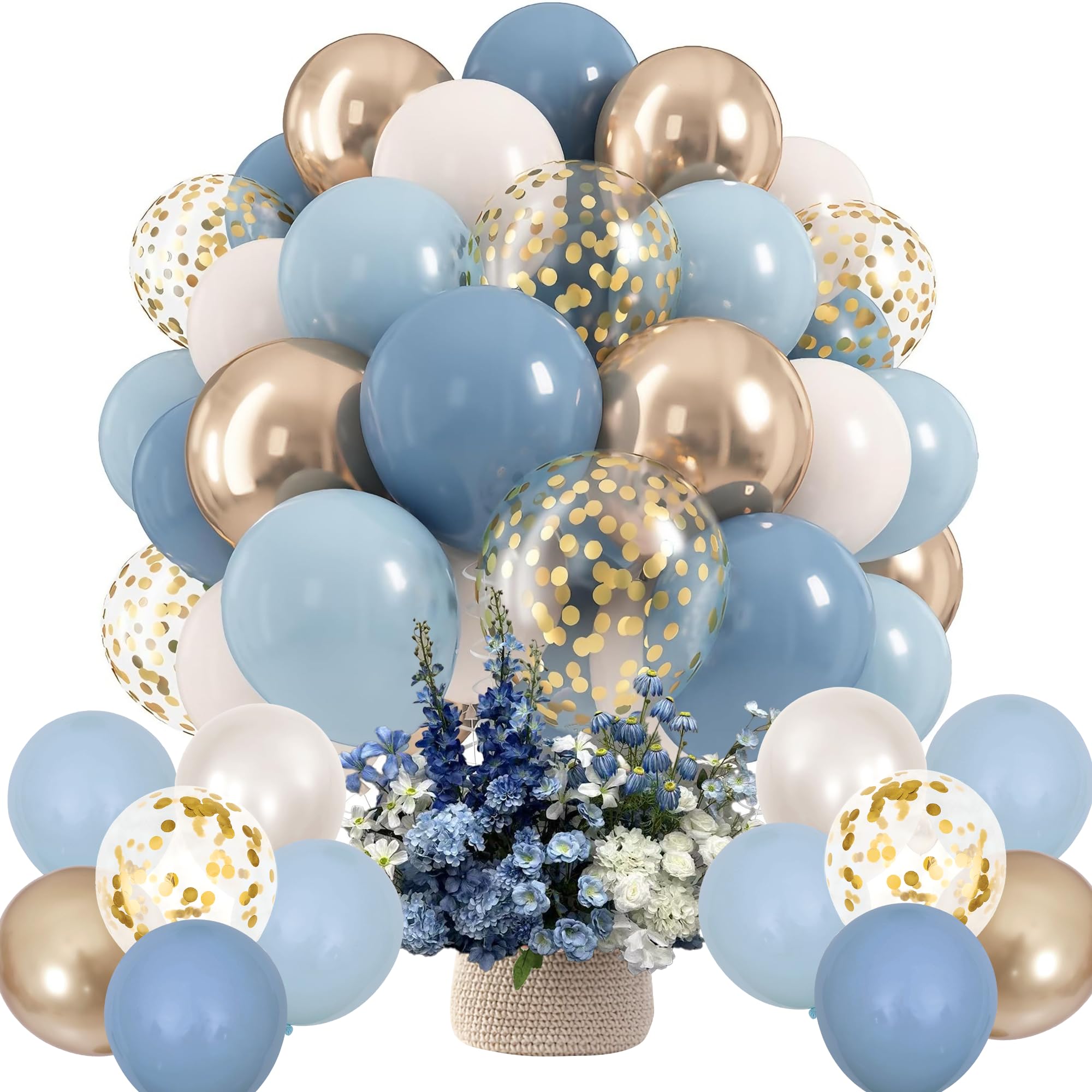 Jiusely 60 Pcs Dusty Blue Balloons Kit, 12 Inch Latex Balloons Set with Muted Blue & Champagne Gold Confetti Balloons and Matching Ribbons for Baby Shower, Birthday, Wedding Decoration Supplies