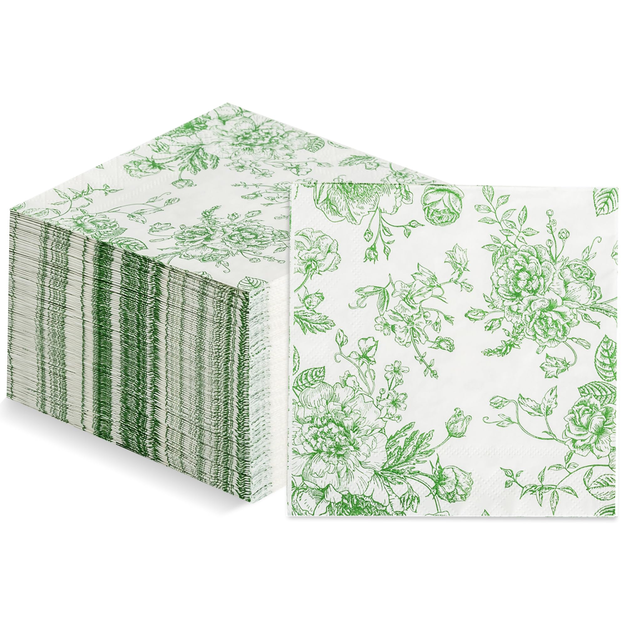 100PCS 3-Ply Green Flower Cocktail Napkins, Floral Disposable Guest Hand Towels for Bathroom, Decorative Fancy Dessert Napkin for Bachelorette, Bridal Shower, Baby Shower, Wedding, Tea Party