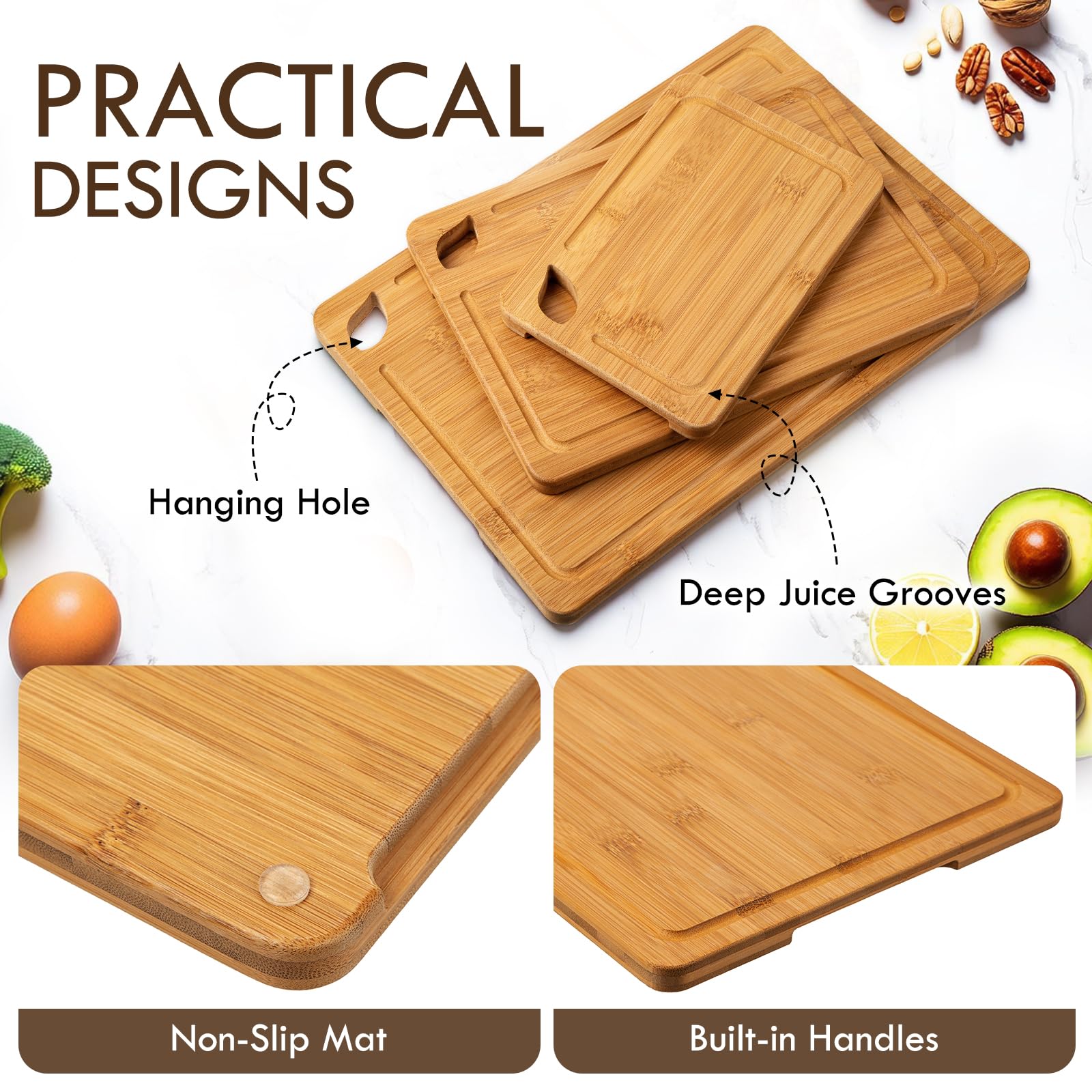 Tabla de cortar de bambú para cocina, 3 paquetes de tablas de cortar grandes con ranuras para jugo y soporte, juego de tablas de cortar de cocina con soporte, tabla de cortar de bambú para carne