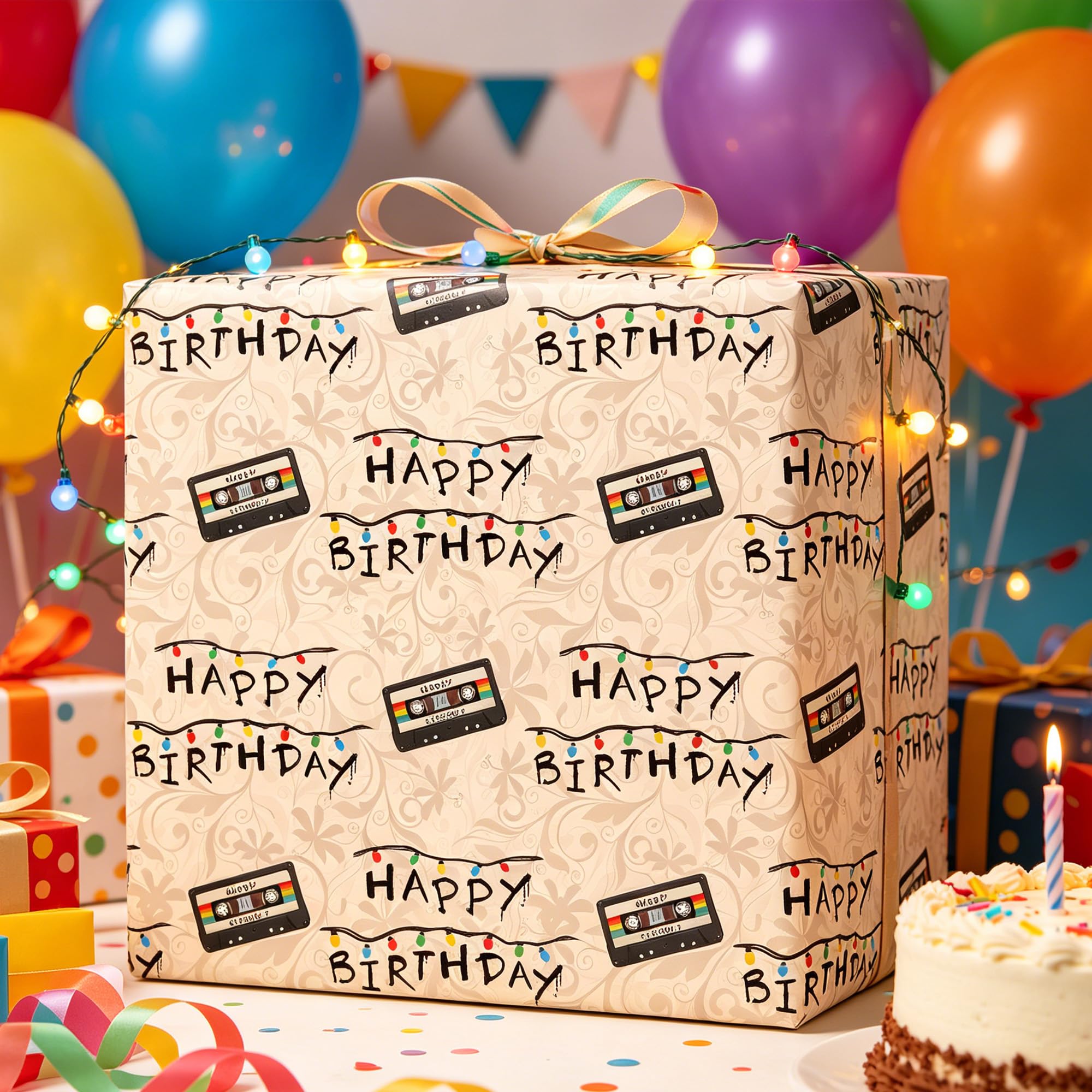 lopmou Urodzinowa rolka papieru do pakowania dla mężczyzn, kobiet, dzieci, vintage, neonowa taśma kasetowa, z napisem "Happy Birthday", opakowanie prezentowe (łącznie 28,5 m2)