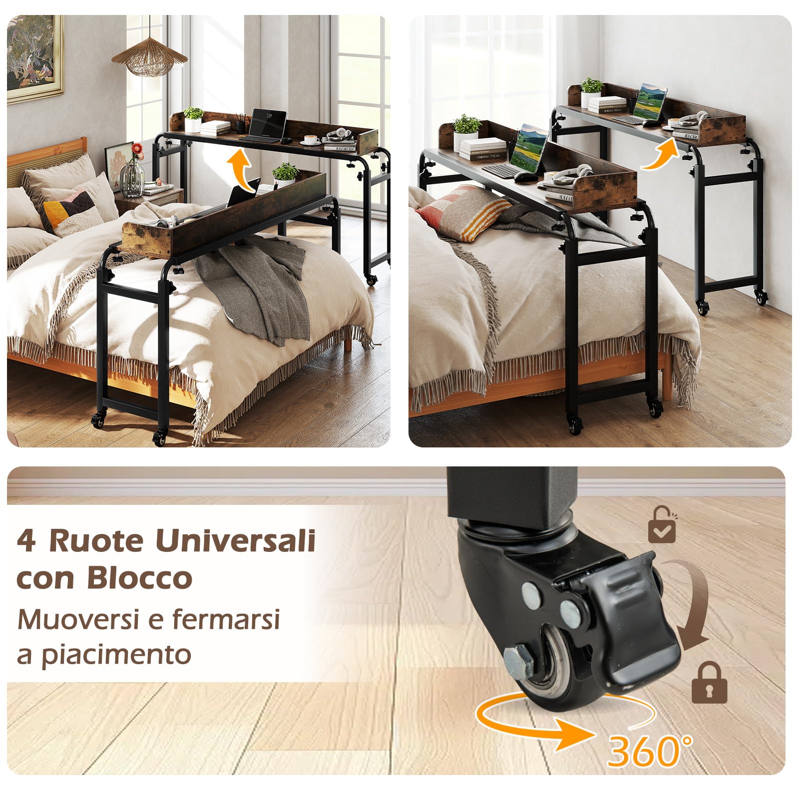 COSTWAY Scrivania da Letto con Ruote, Tavolino da Letto Salvaspazio con Altezza e Lunghezza Regolabili, Telaio in Metallo, Scrivania Portatile per Camera da Letto, Soggiorno e Ospedale (Marrone)