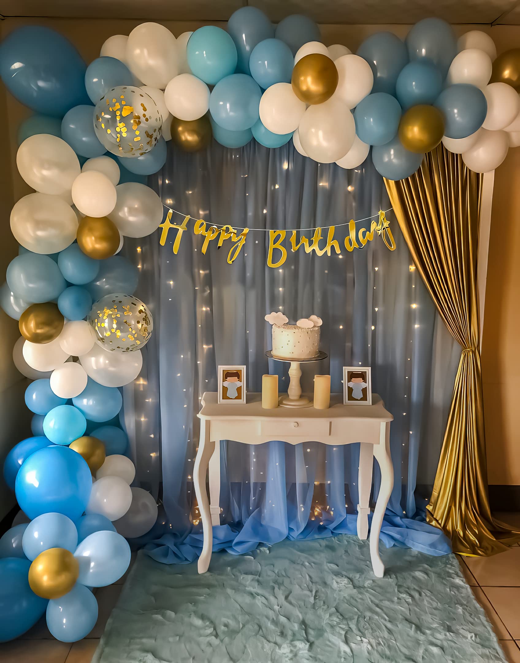 Birthday Decoration Kit For Boys Includes Blue,White & Golden Balloons & ,Backdrop Cloth For Decoration & String Led Light Combo-76 Items - 76 Pcs