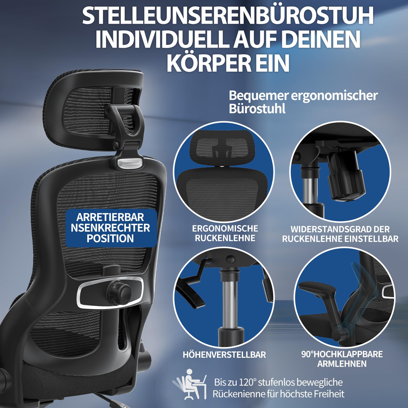 TRALT Bürostuhl Ergonomisch - Bürostuhl - Gaming Stuhl mit Verstellbare Kopfstütze Lordosenstütze Home Office Desk Chair - Schreibtischstuhl Computerstuhl für Große Menschen Mesh-Stuhl 150kg Schwarz