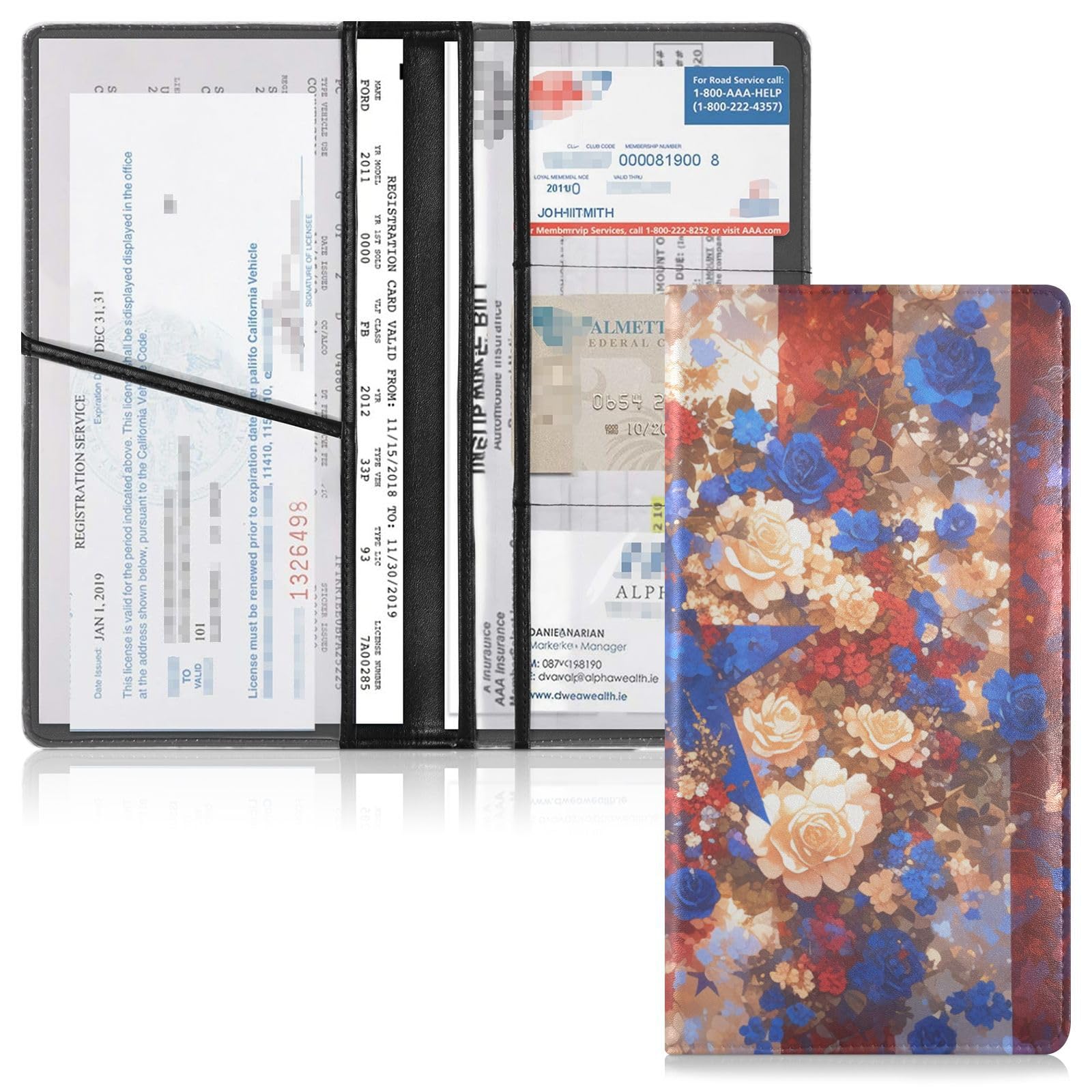 EtherSpher 4th Of July Independence Day Red and Blue Roses Premium Leather Registration and Insurance Card Holder Essential Car Wallet Case for Cards, Essential Document, Driver License Vehicle