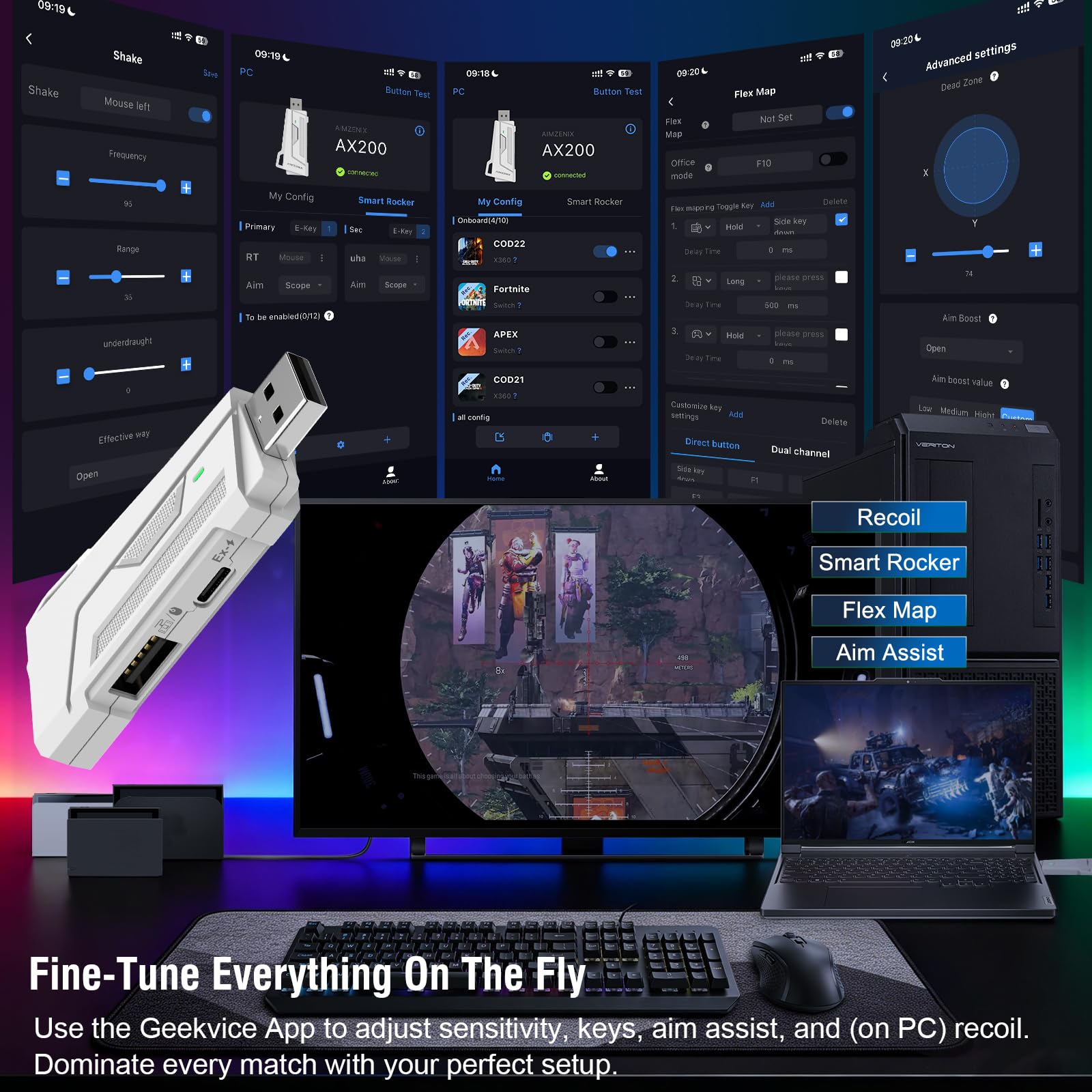 Joso AX200 Mouse Computer e Gaming Tastiera Adattatore per PC Supporto Key Mapping, Aim Assist, Recoil Control, Smart Joystick, TPS, FPS, Perfetto per APEX, Giochi COD