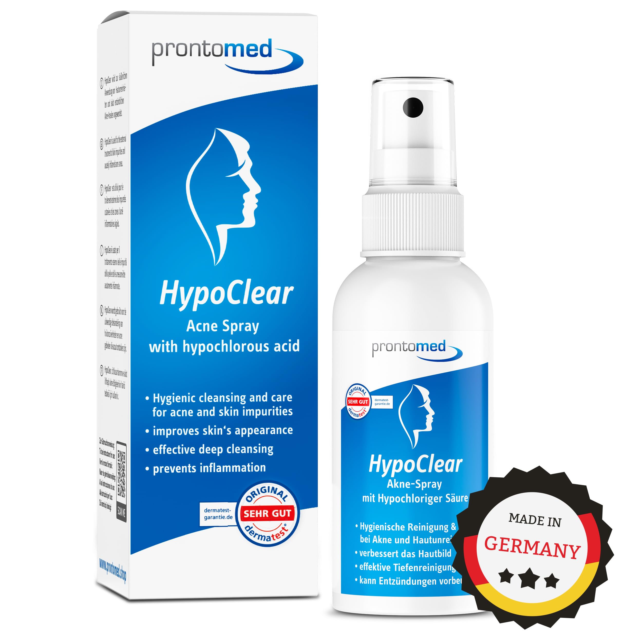 Prontomed HypoClear Spray contre l'acné 75ml – Soin efficace de la peau avec acide hypochloreux/Hypochlorus Acid | pour l'acné, les imperfections et les rougeurs | Pour une peau claire et saine – doux