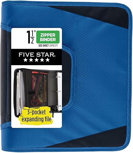 Five Star - Carpeta con cierre de cremallera de 1-12pulgadas, con 3 argollas, archivador expandible de 3 bolsillos, duradera, color azul (72202)
