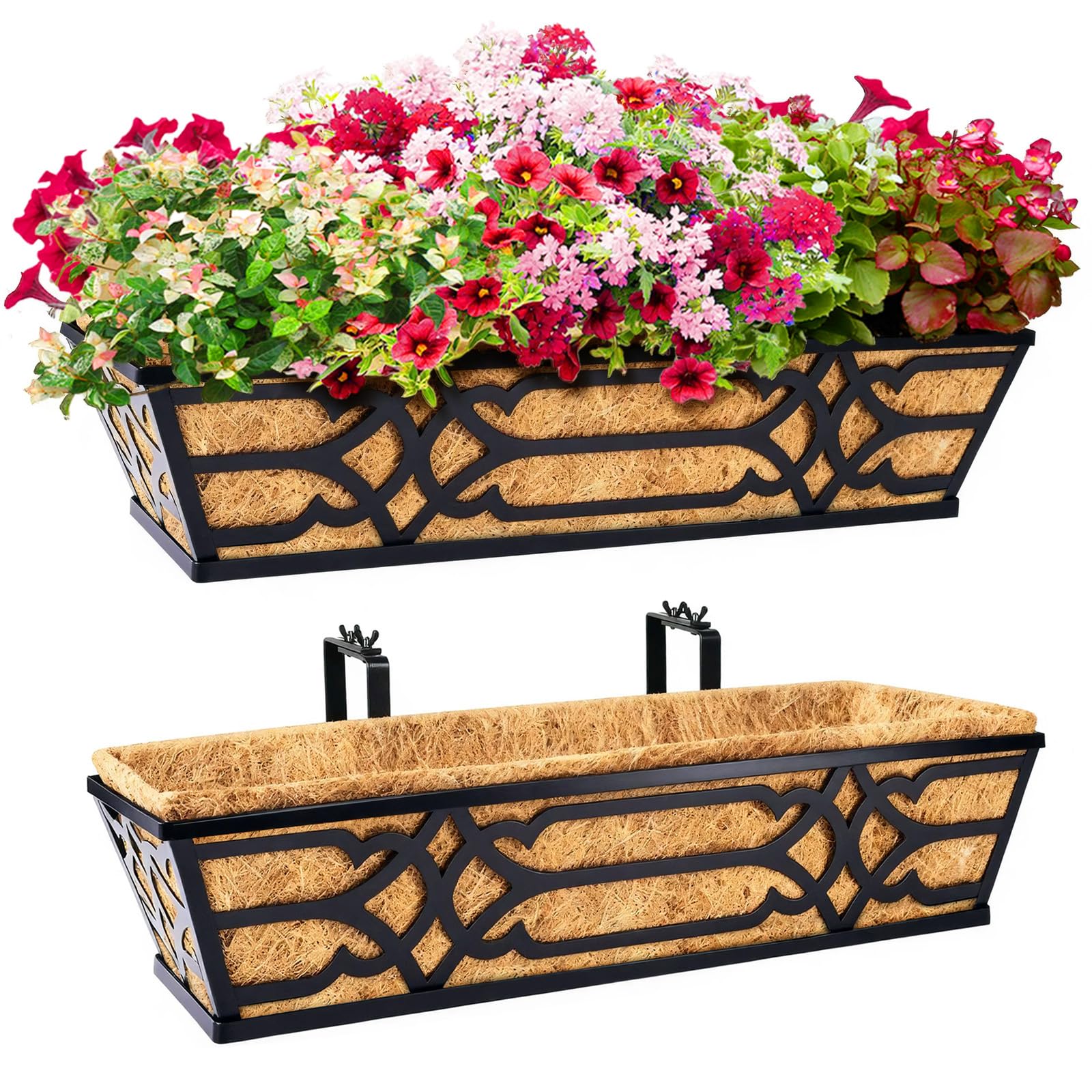 cheehigo Railing Planter Box,Window Planter Boxes Outdoor 2 Pack 24 Inch Hanging Planter with Adjustable Brackets and Plastic Trays for Water Storage,