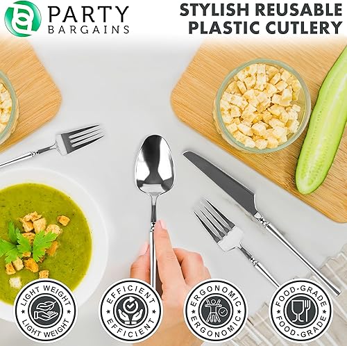 Miniatura 36 de Party Bargains Disposable Plastic Black Gold Cutlery Set, Infinity Modern Design Utensils, 40 Pack: 16 Forks, 8 Knives, 16 Spoons