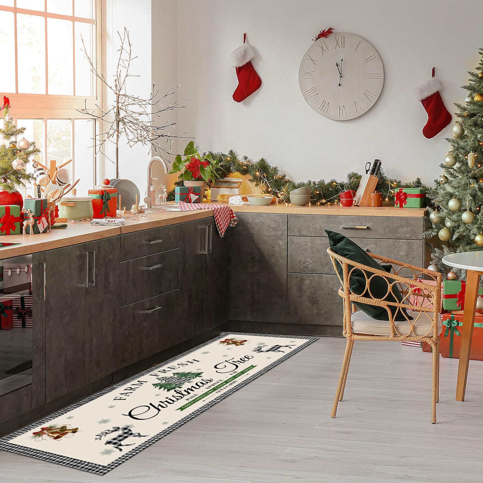 Christmas Farm Fresh - Juego de 2 tapetes de cocina de Navidad, diseño de búfalo, a cuadros, decoración de invierno, árbol de Navidad, camión, cocina, suelo, 43 x 71 cm y 43 x 119 cm