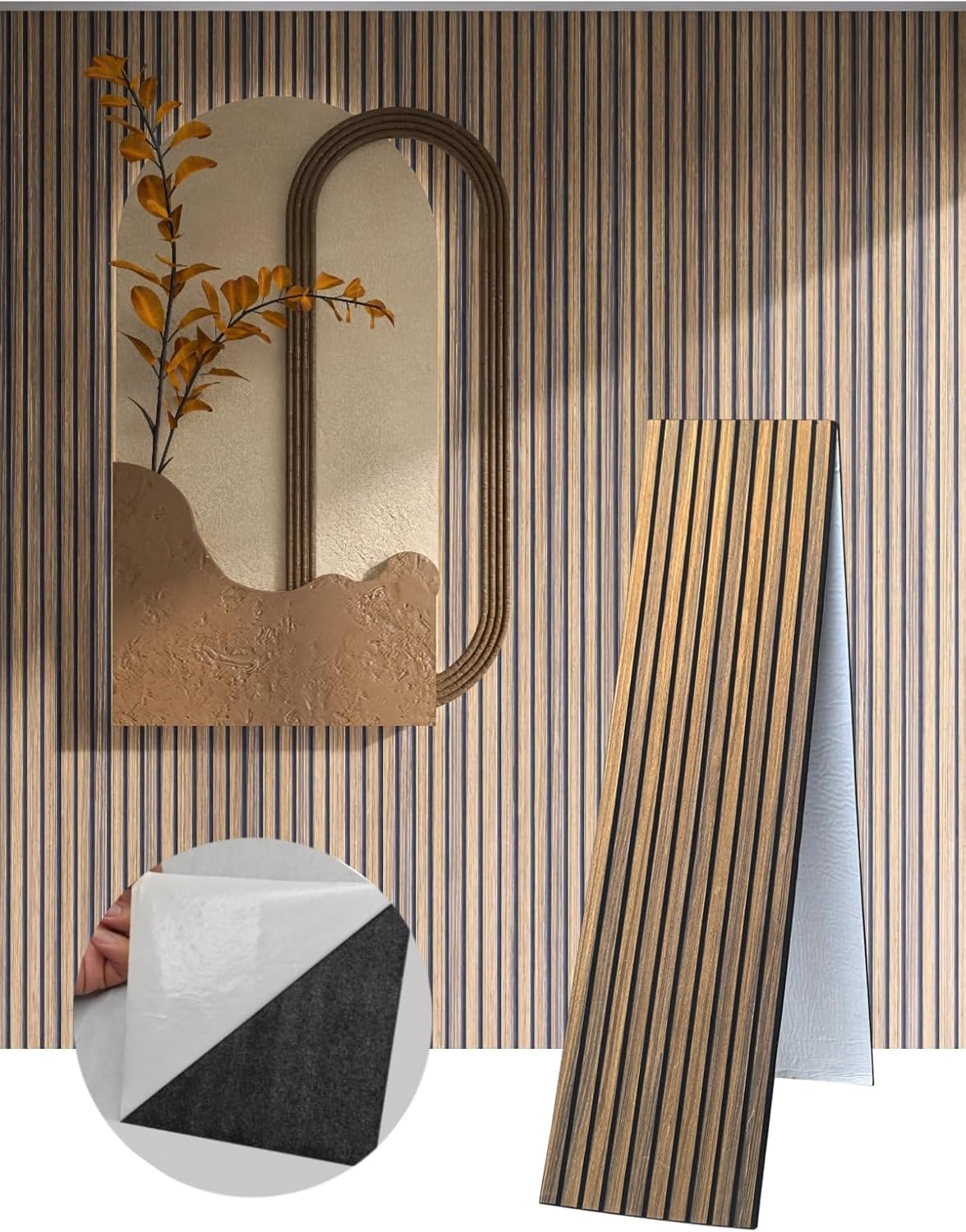 2 Packs 3D Wall Panels Peel and Stick | Wall Panels for Interior Wall Decor | Self Adhesive Sound Absorbing Planks | Acoustic Wood Slat Wall Panels | 94.48 * 11.80in | 0.4" Depth | Dark Walnut